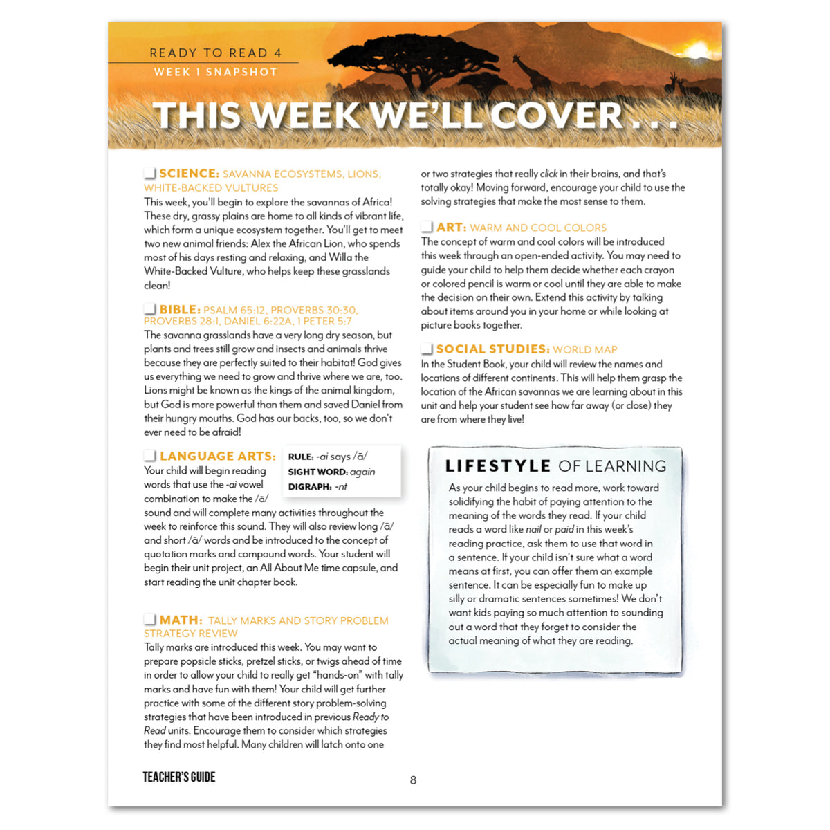 Teaching pages titled 'THIS WEEK WE'LL COVER,' showing a Teacher's Edition layout with sections for science, Bible, language arts, math, art, and social studies, plus a 'Lifestyle of Learning' box.
