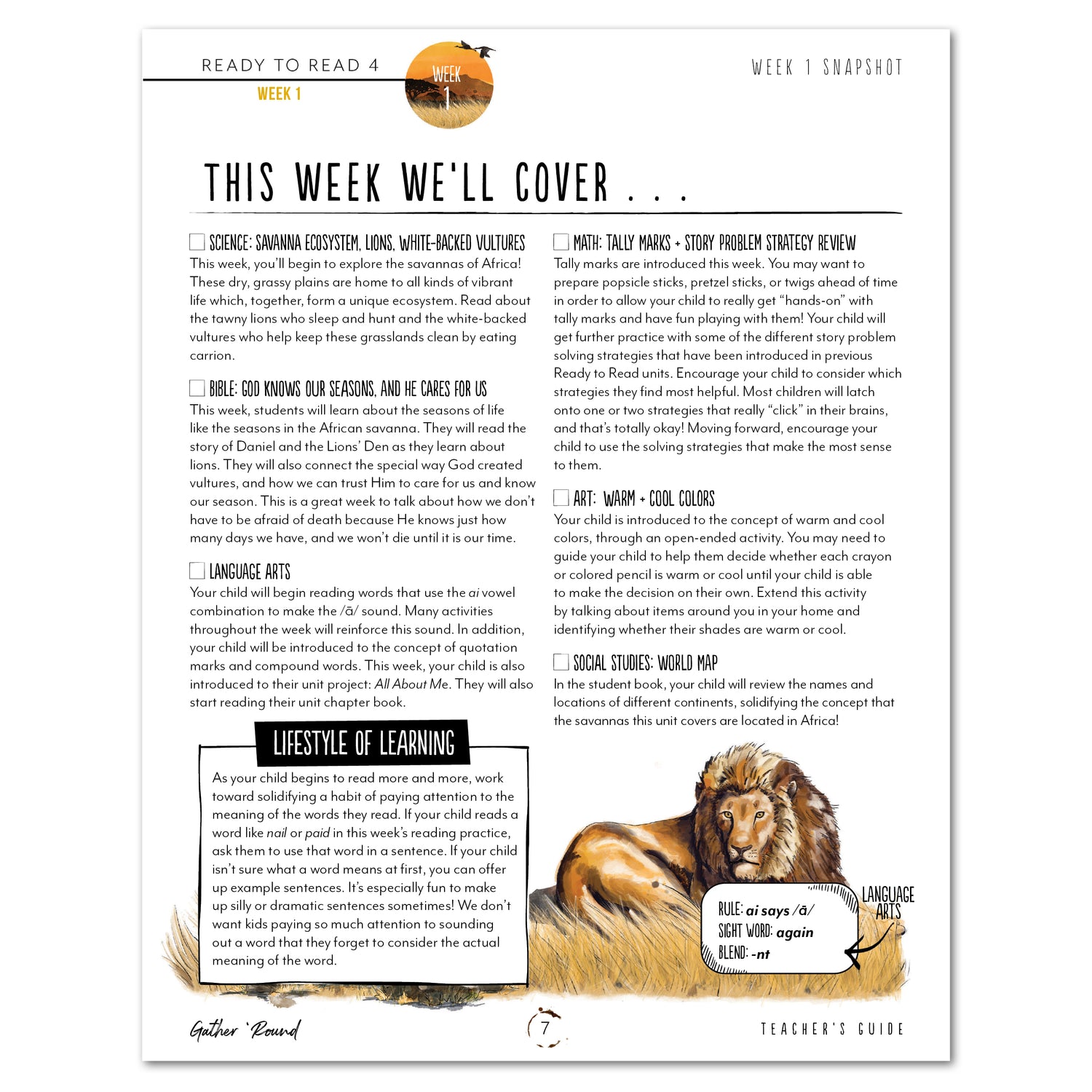 Ready to Read 4 On The Savannah Homeschool Unit Study Digital Teacher's Guide Week 1 Snapshot