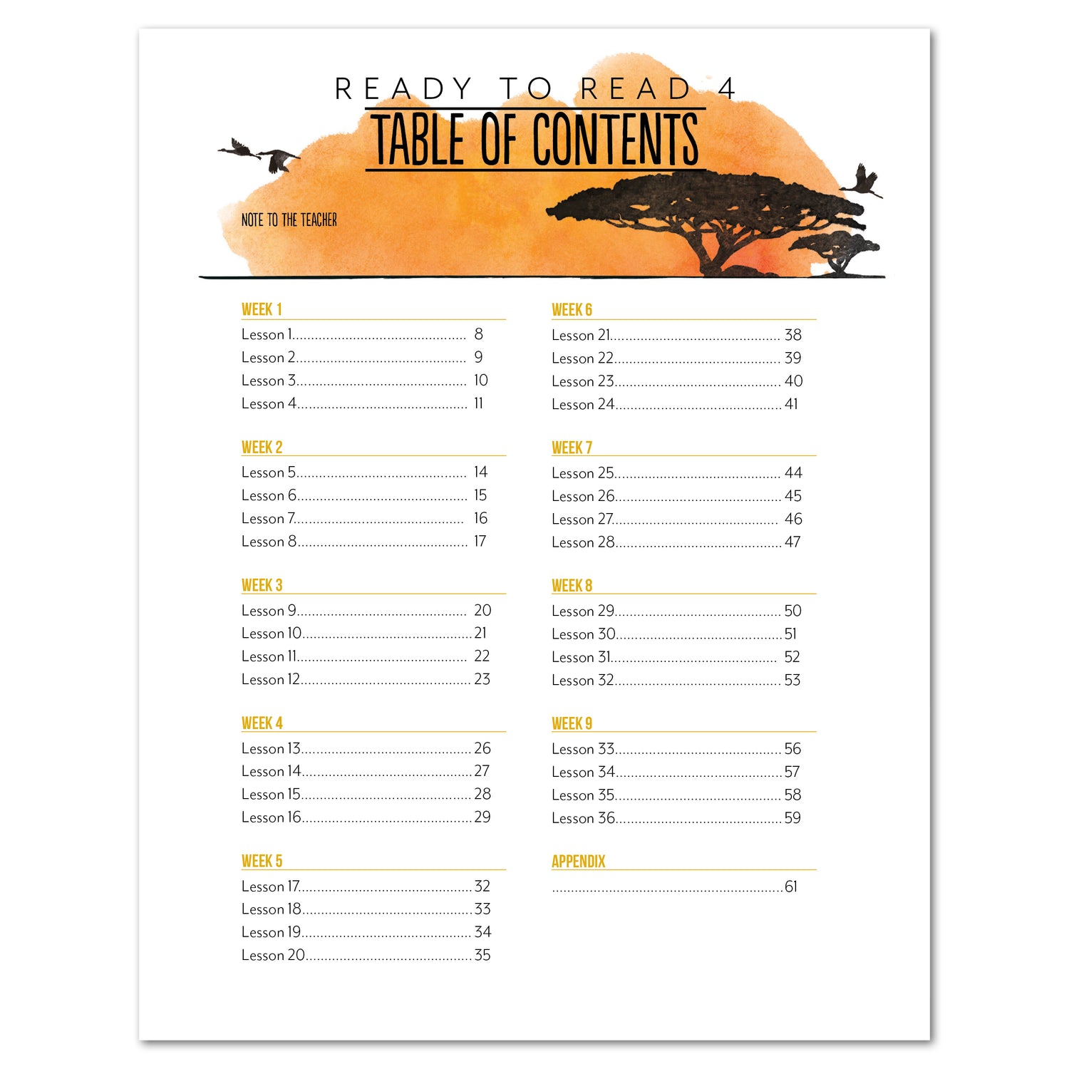 Ready to Read 4 On The Savannah Homeschool Unit Study Printed Teacher's Guide Table of Contents