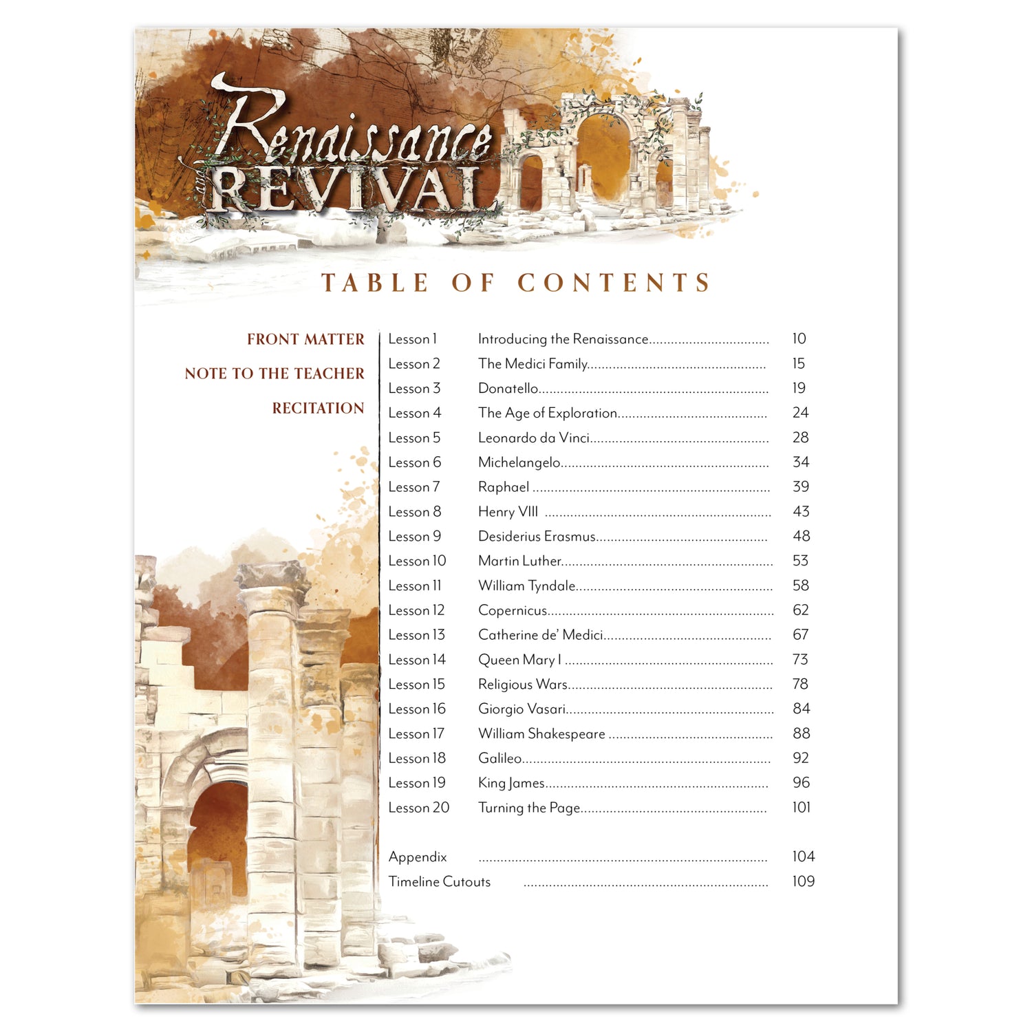Renaissance and Revival Homeschool Unit Study Printed Digital Teacher's Guide Table of Contents