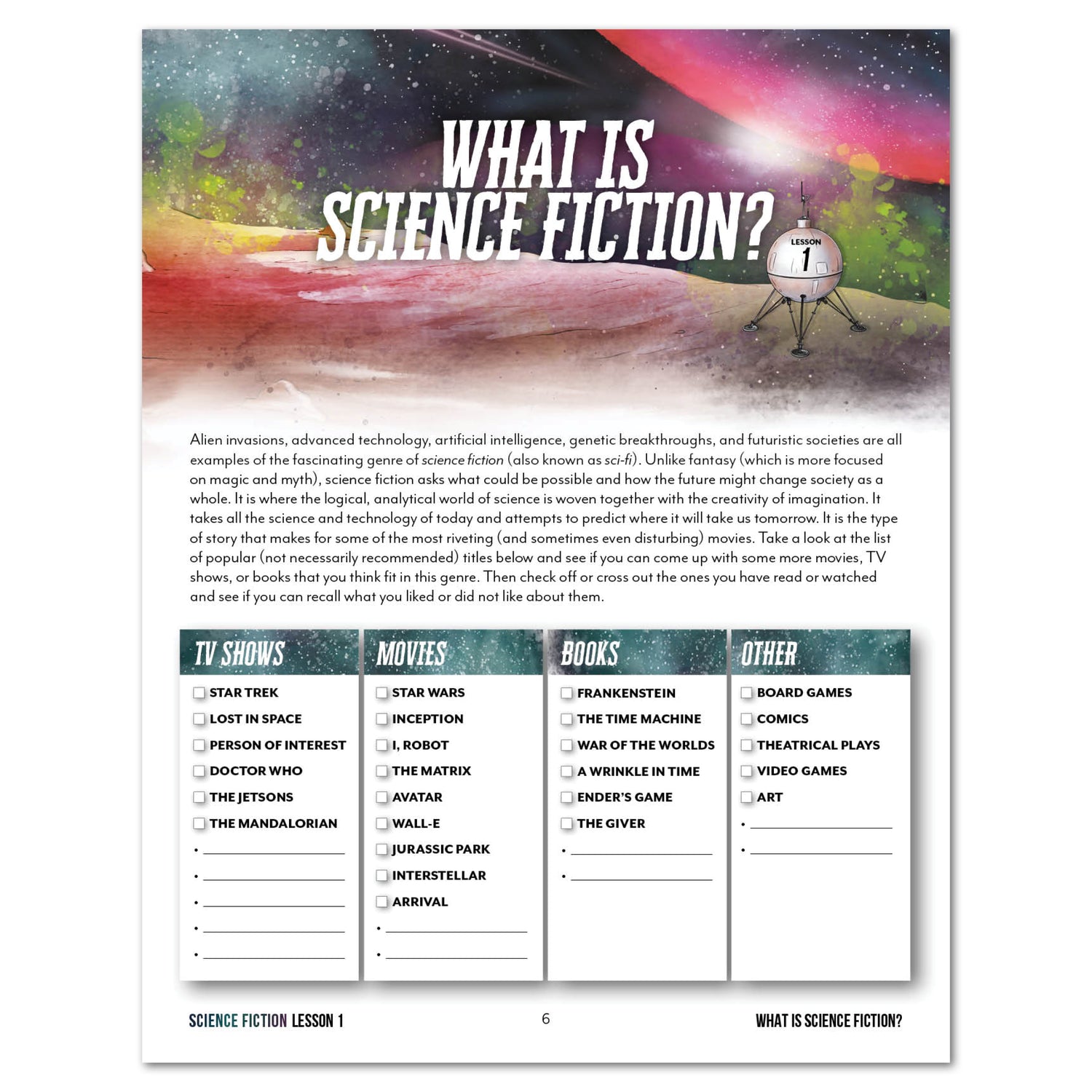 Science Fiction homeschool mini unit novel study printed lesson 1