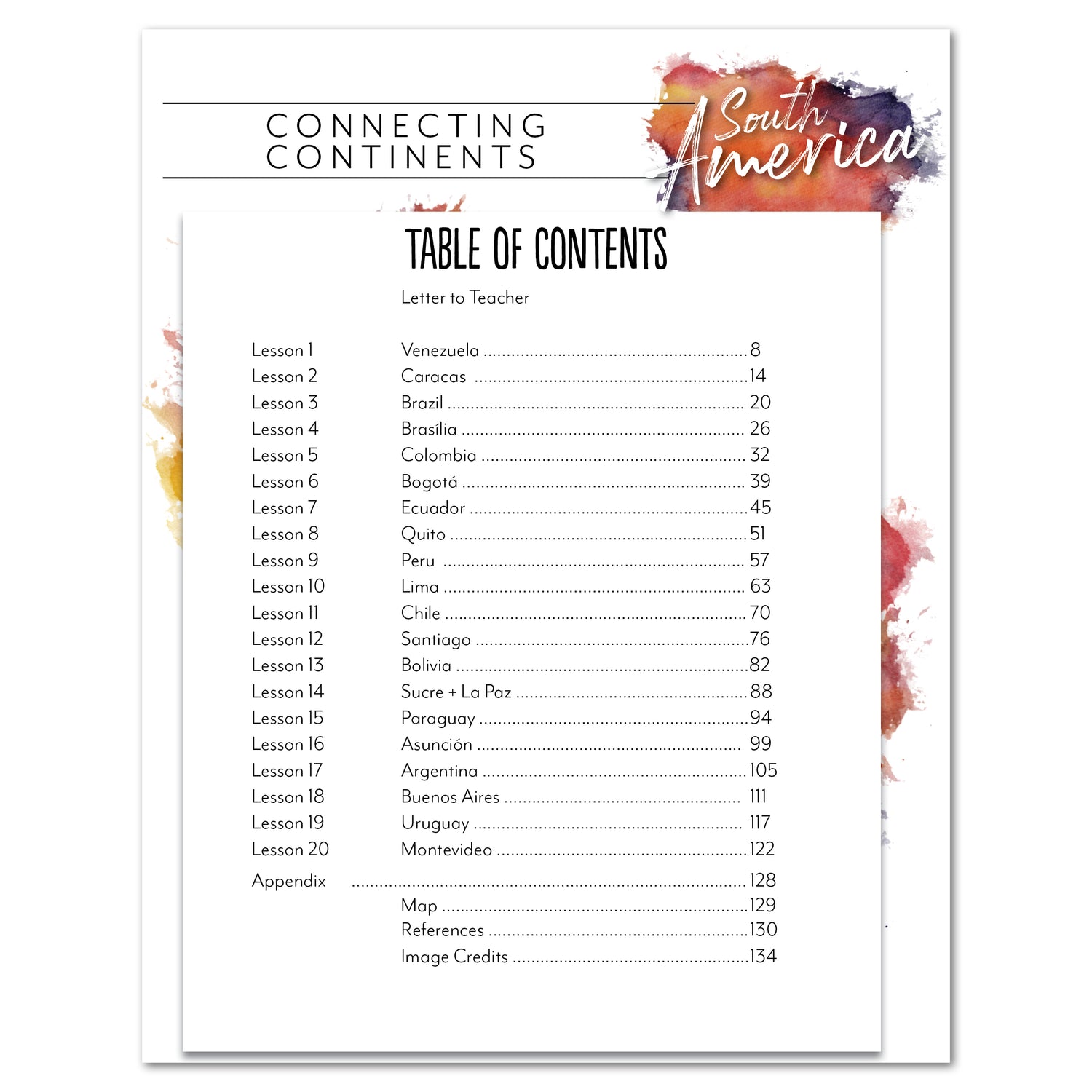 South America homeschool unit study printed teacher's guide table of contents