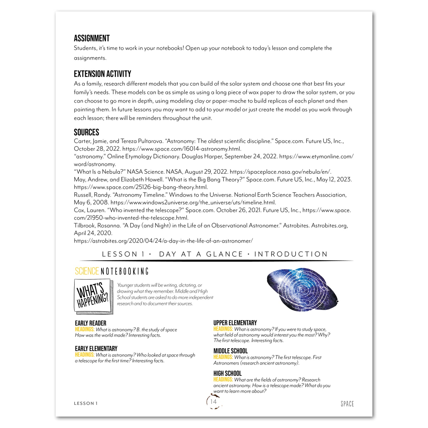 Space homeschool unit study print student workbook Teacher's Guide day at a glance