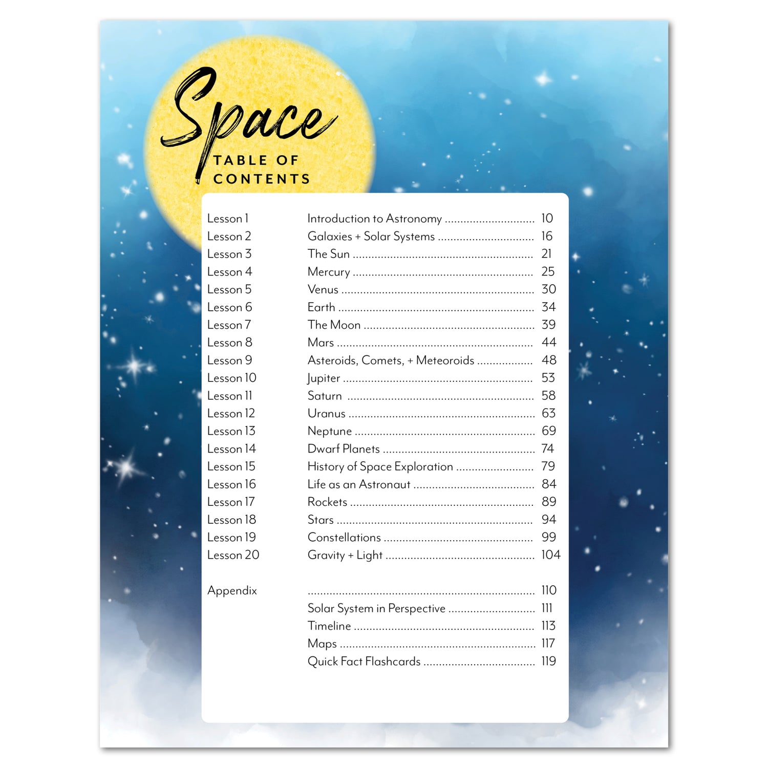 Space homeschool unit study print student workbook Teacher's Guide table of contents