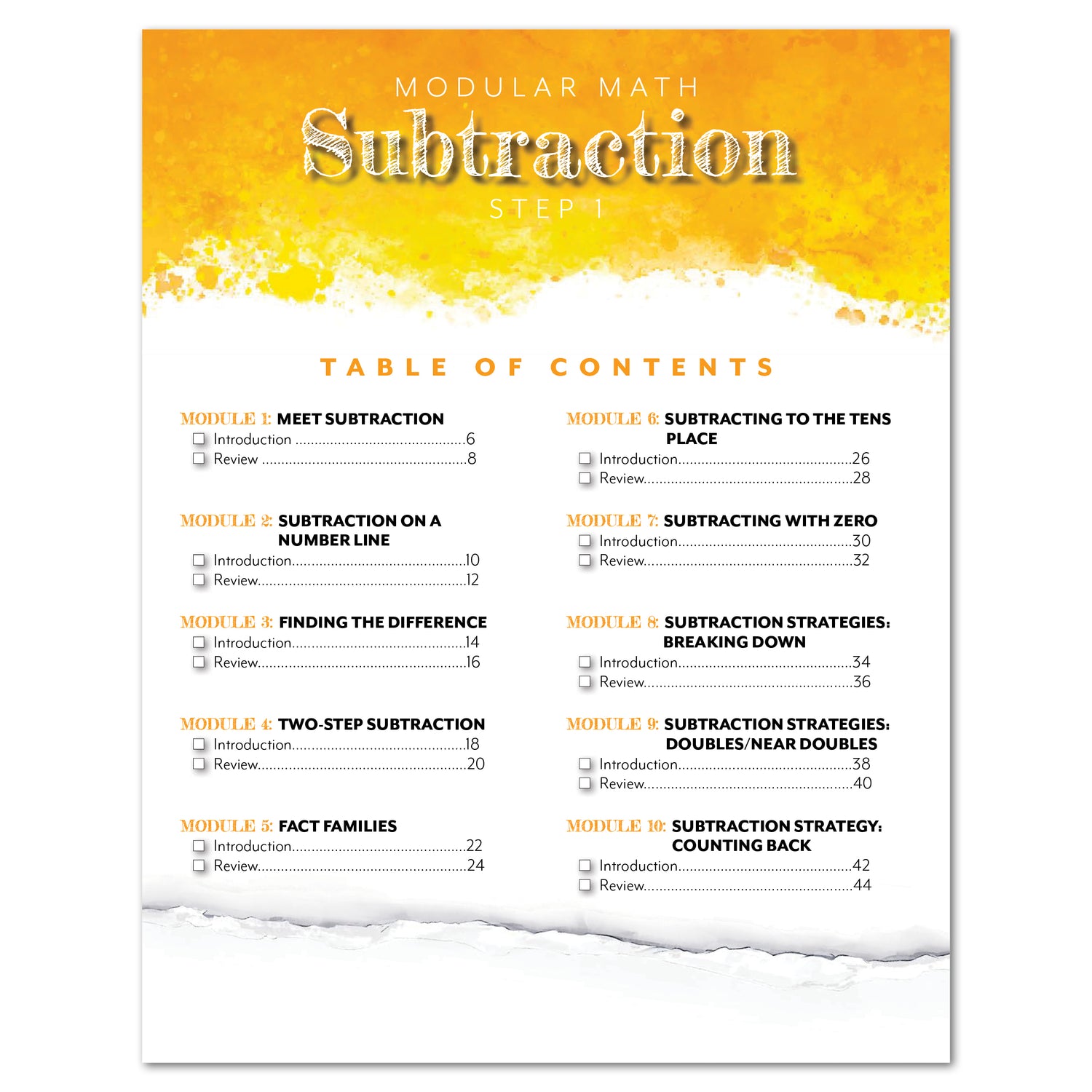 Subtraction Modular Math step 1 printed book table of contents