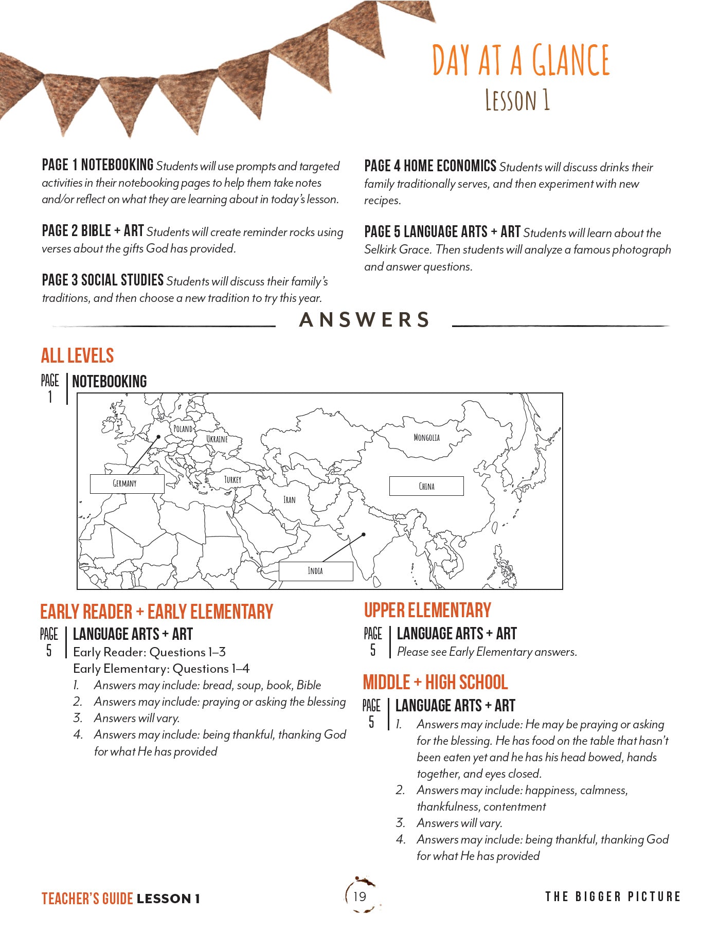 Thanksgiving Homeschool Unit Study Printed Teacher's Guide Lesson 1 Day At A Glance