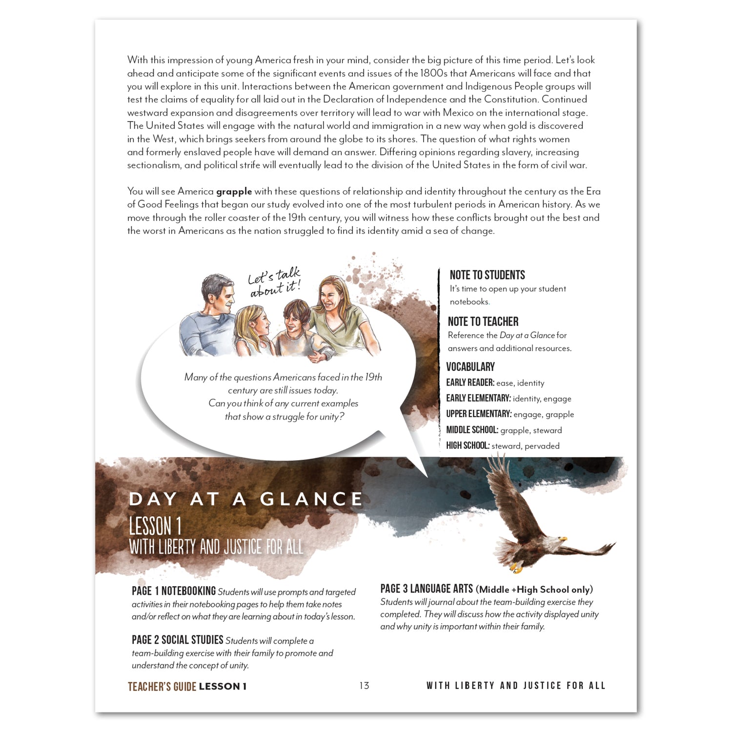 US History 3: Growing Identity: 1816-1899 Adventures Though History Homeschool Printed Teacher's Guide Lesson 1 With Liberty and Justice For All Part 2