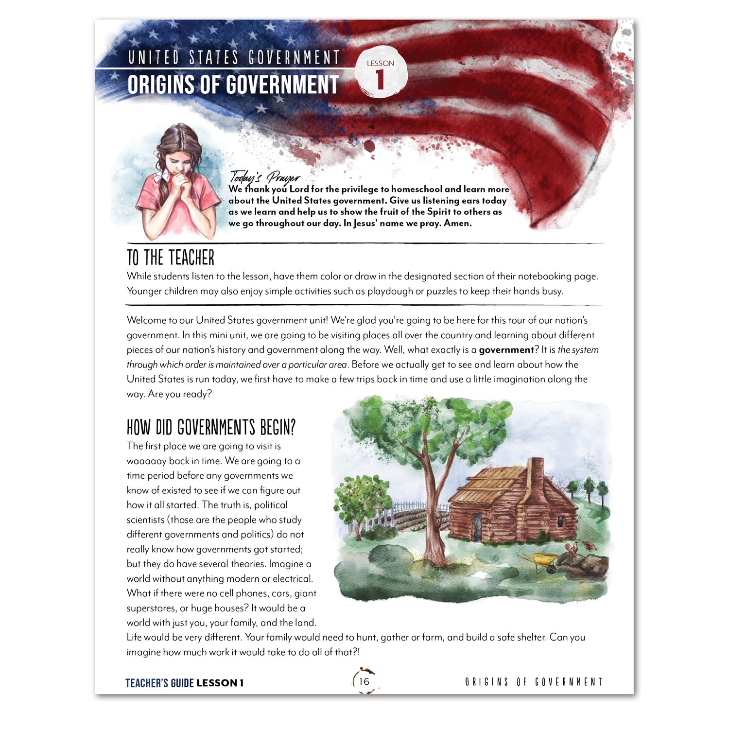 US Government Homeschool Study Unit Digital Print Teacher's Guide Lesson 1 Origins of Government Part 1