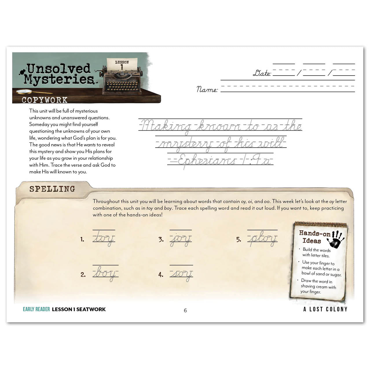 Unsolved Mysteries Homeschool Study Unit Digital Seatwork Journal Cursive Early Reader Lesson 1 Copywork and spelling