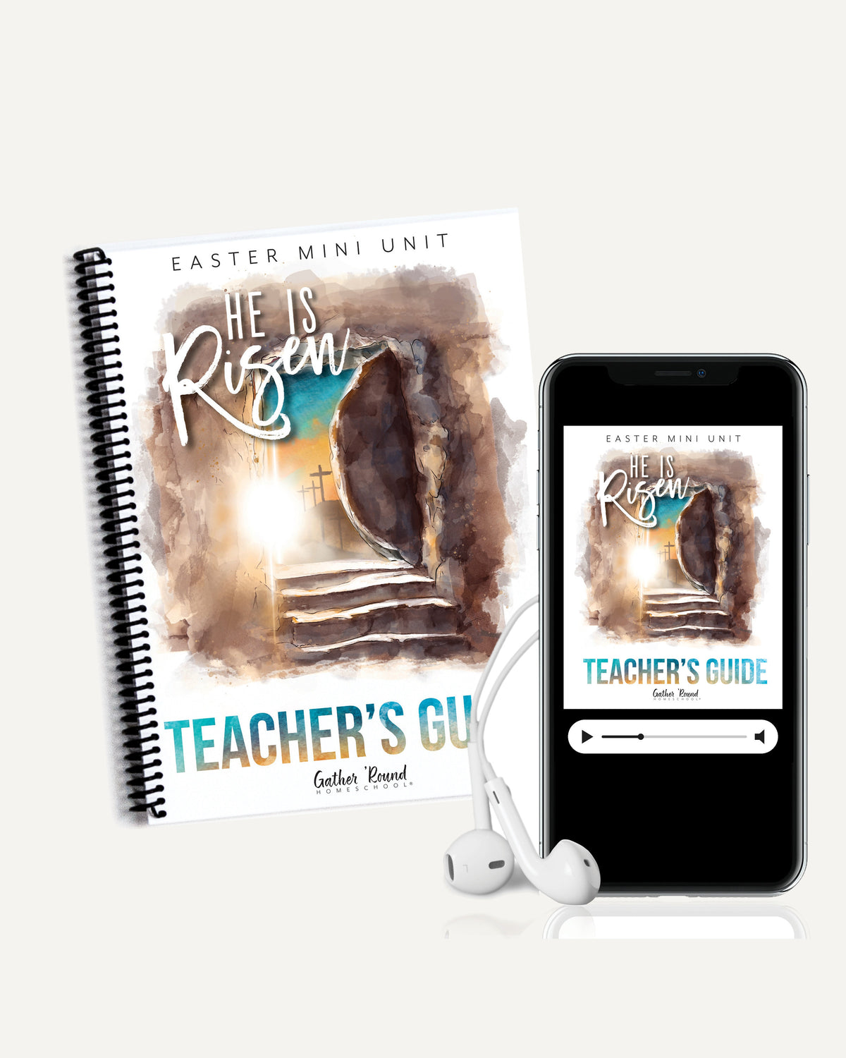 Easter MP3 Teacher's Guide: the book beside a phone playing the audio