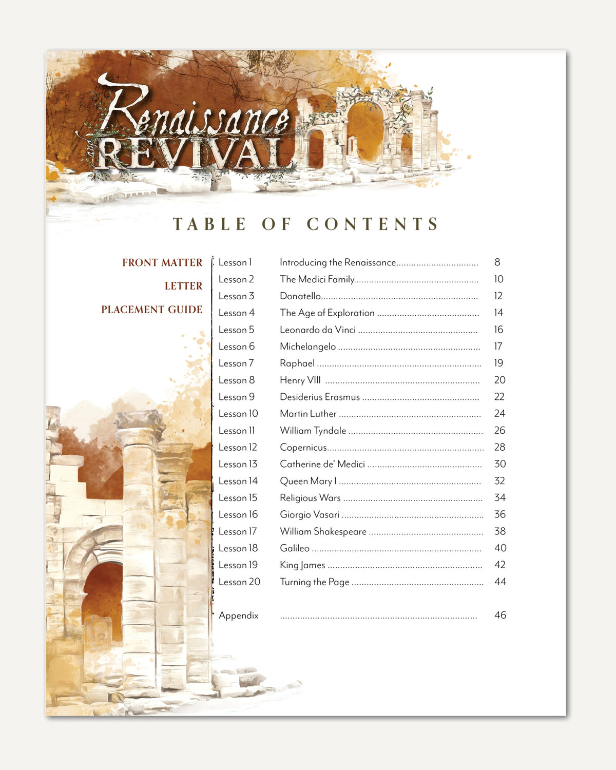 Renaissance and Revival Homeschool Unit Study Digital Bundle Lapbook Instructions Table of Contents