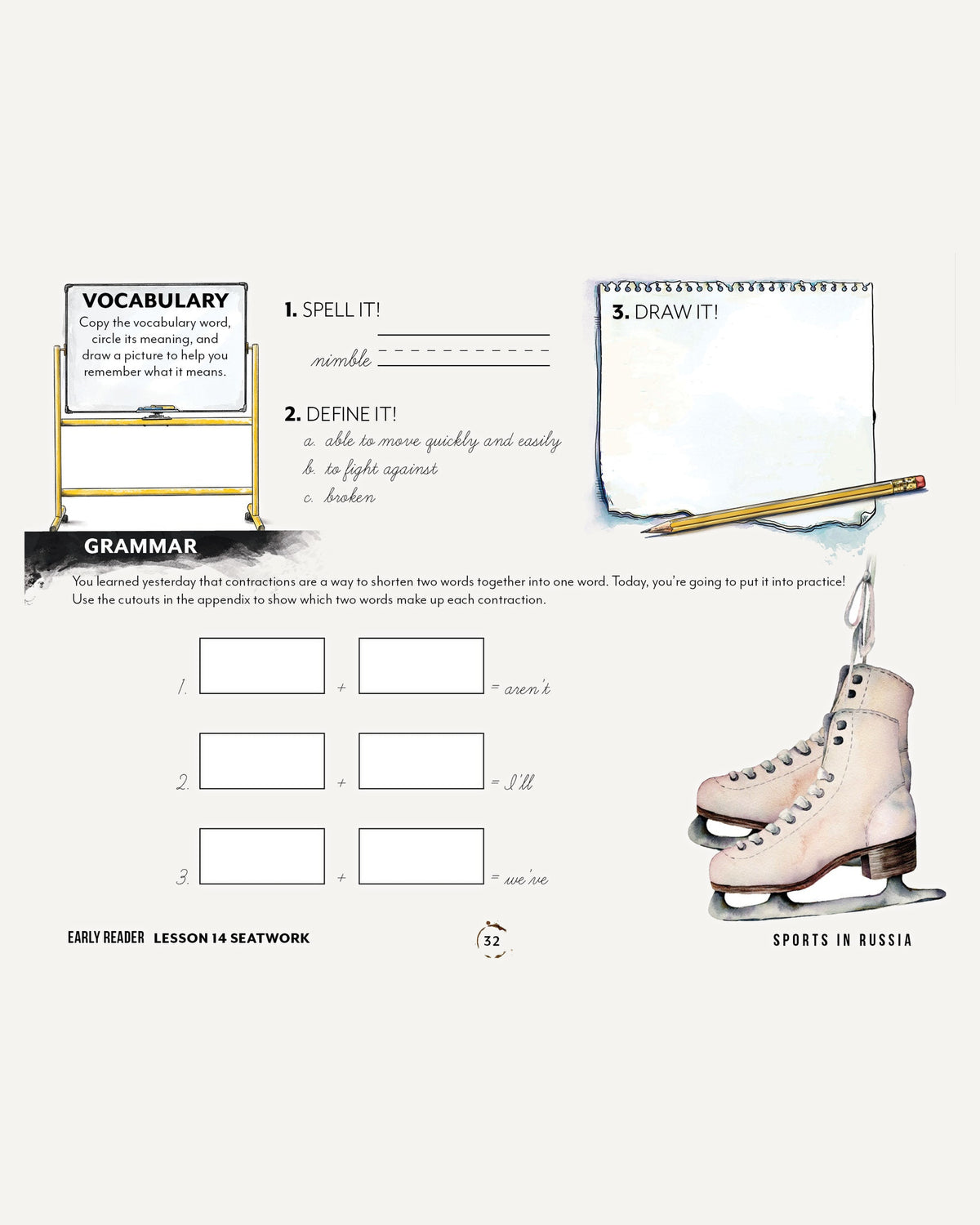 Sports + PE homeschool unit study, print student seatwork journal in cursive for early reader worksheet