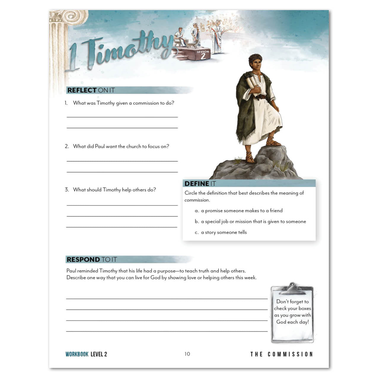 Educational worksheet on 1 Timothy with a biblical character on a white background.