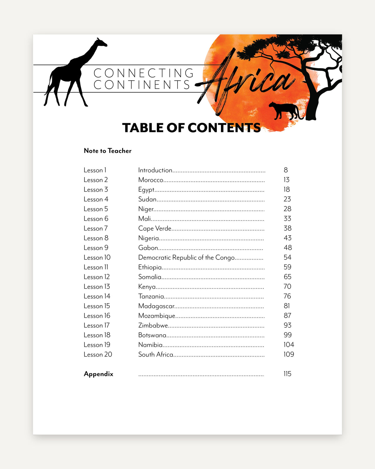 Africa homeschool unit study Digital Teacher's Guide Table of Contents