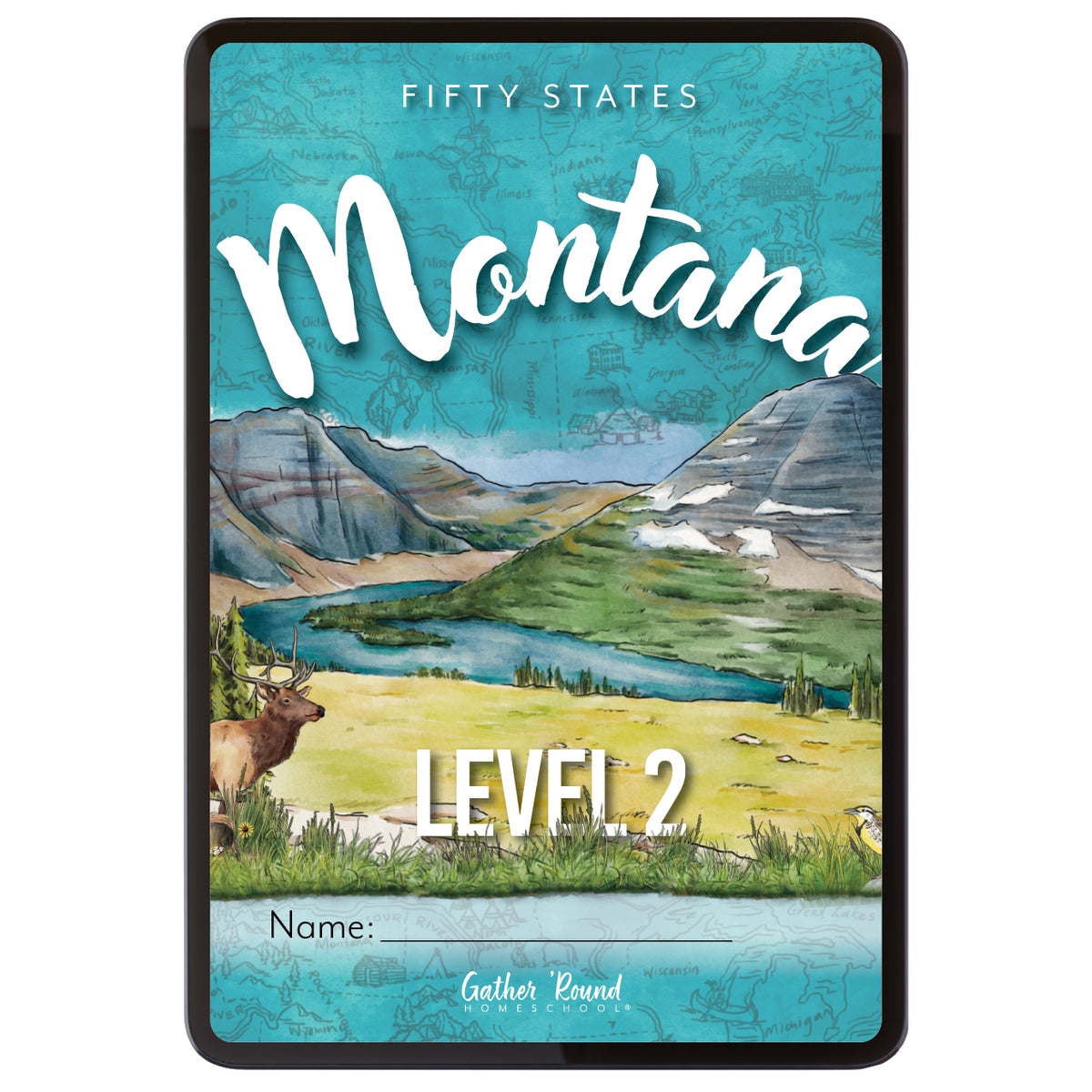Digital cover of Montana Level 2 featuring illustrated scene of mountains, water, and an elk.