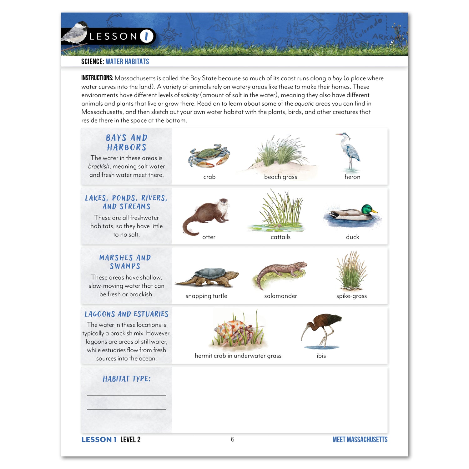 Educational worksheet about water habitats with illustrations and text.