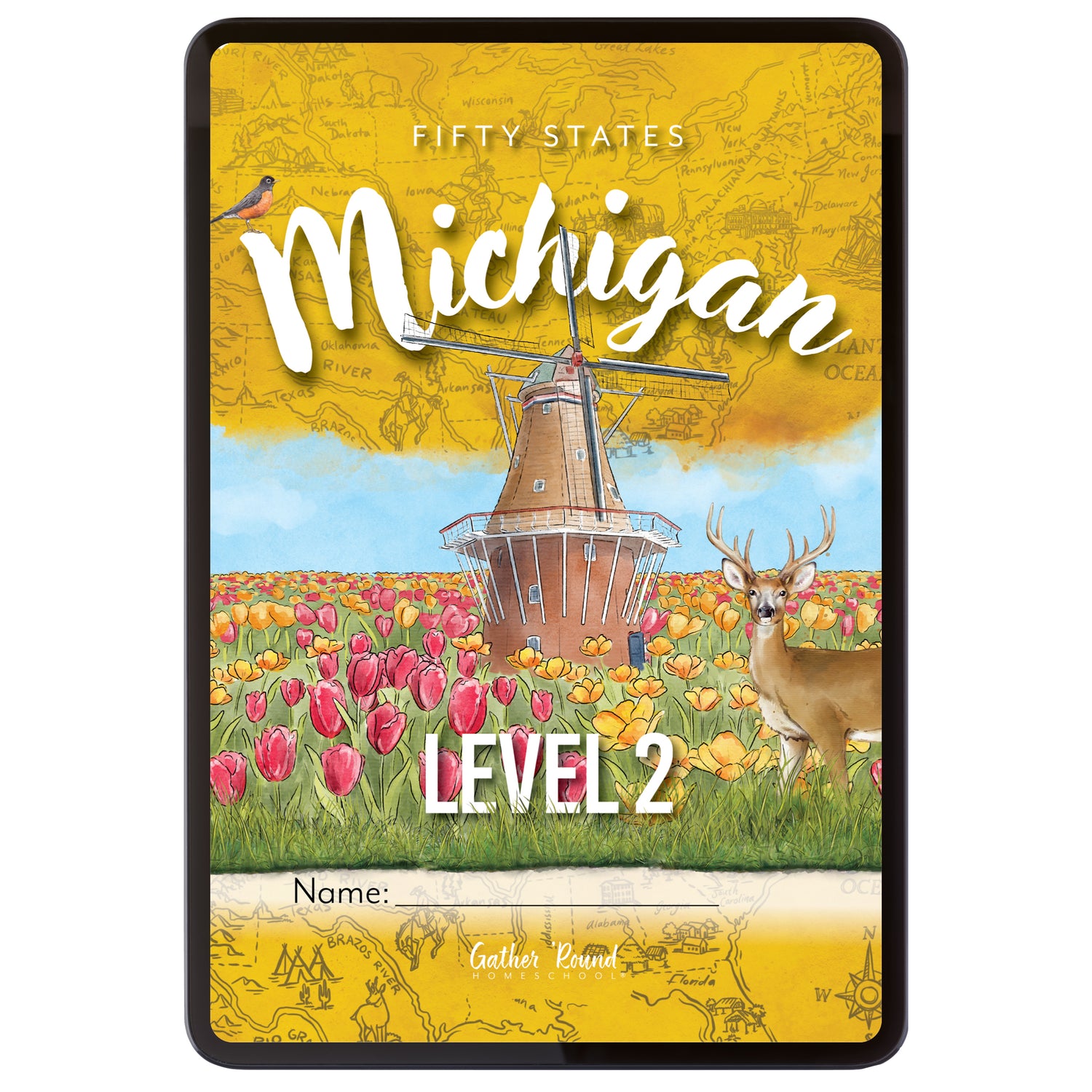 Digital cover image with a windmill, tulips, and deer in a field on a yellow background with 'Michigan' text.