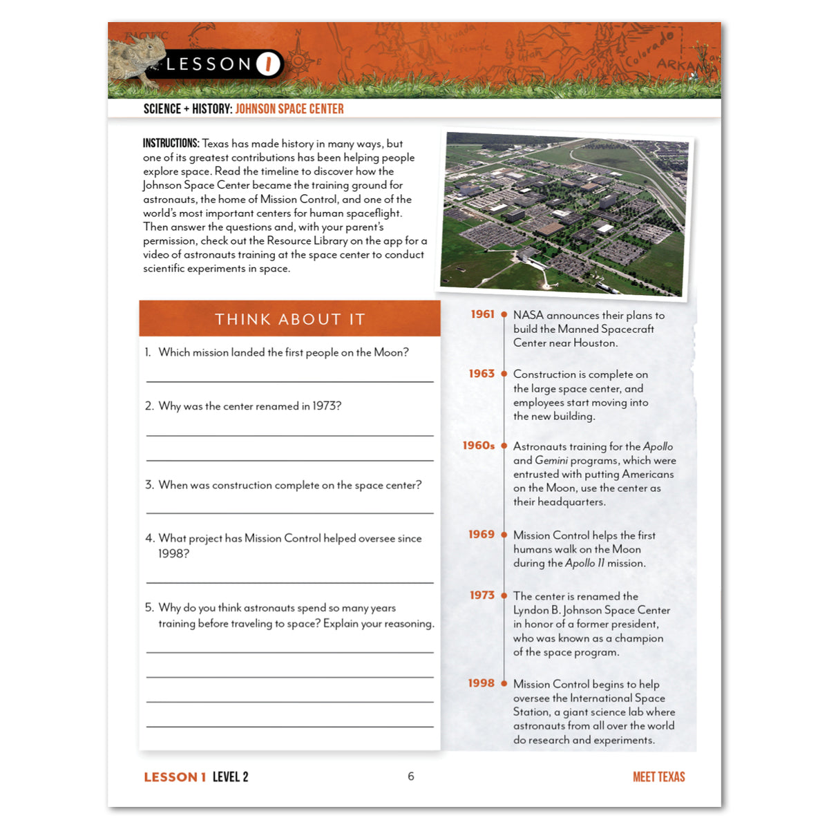 An educational worksheet titled 'LESSON 1 - HISTORY: JOHNSON SPACE CENTER' with text blocks, a small space-center photo, and an orange 'THINK ABOUT IT' activity box on a white page.
