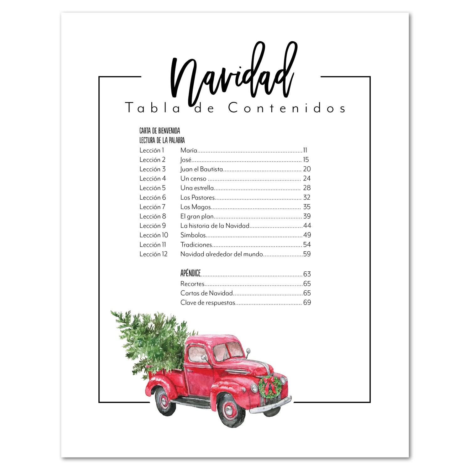 First Christmas homeschool unit study digital in Spanish Student workbook table of contents