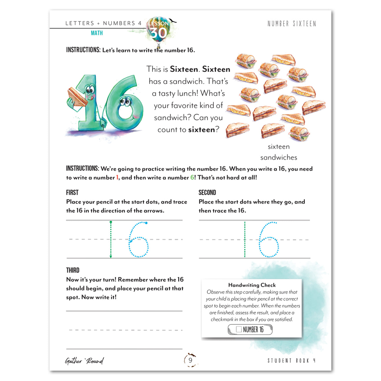 Letters + Numbers 4 In The Air Digital Printed Student Book 4 Lesson 30 Math Number Sixteen