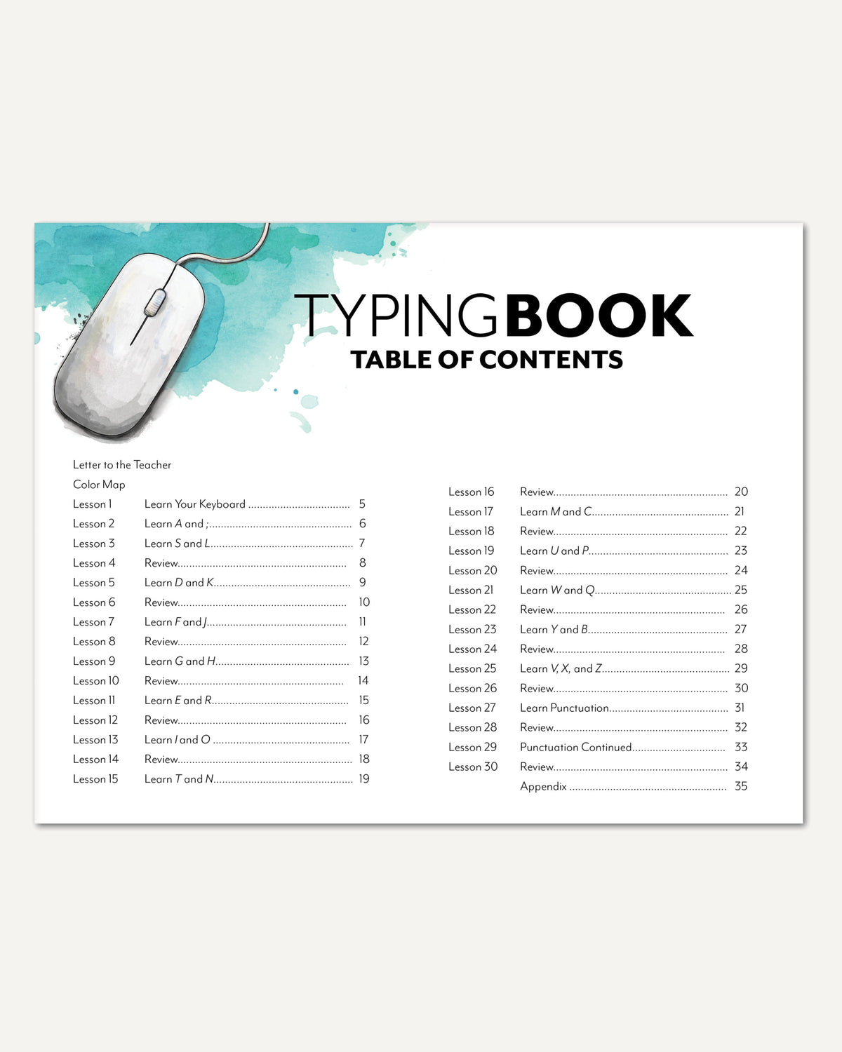 Typing Book Homeschool Unit Study Printed Student Book Table of Contents