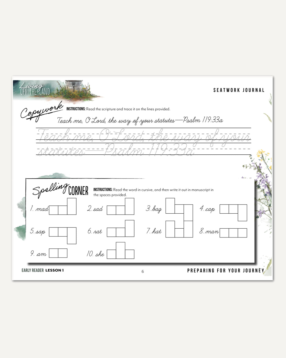 Living Off the Land homeschool unit seatwork journal digital early reader student notebook in cursive lesson one