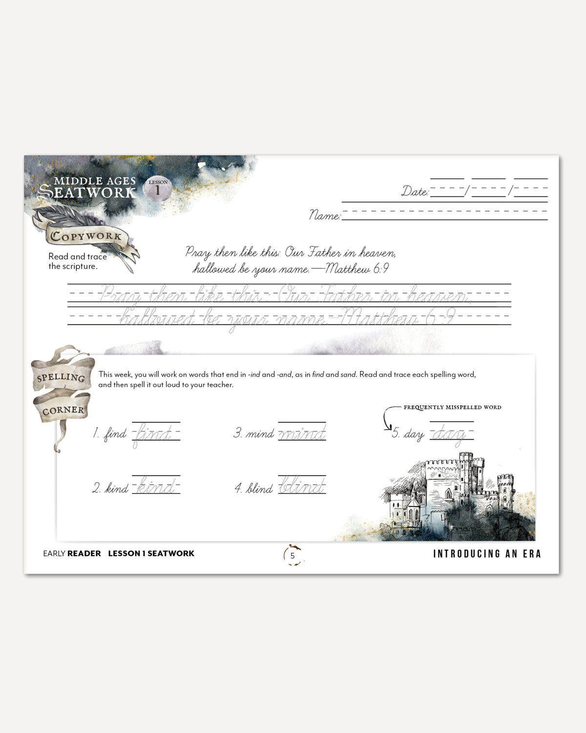 Middle Ages homeschool unit study digital student seatwork book in cursive for early reader lesson one