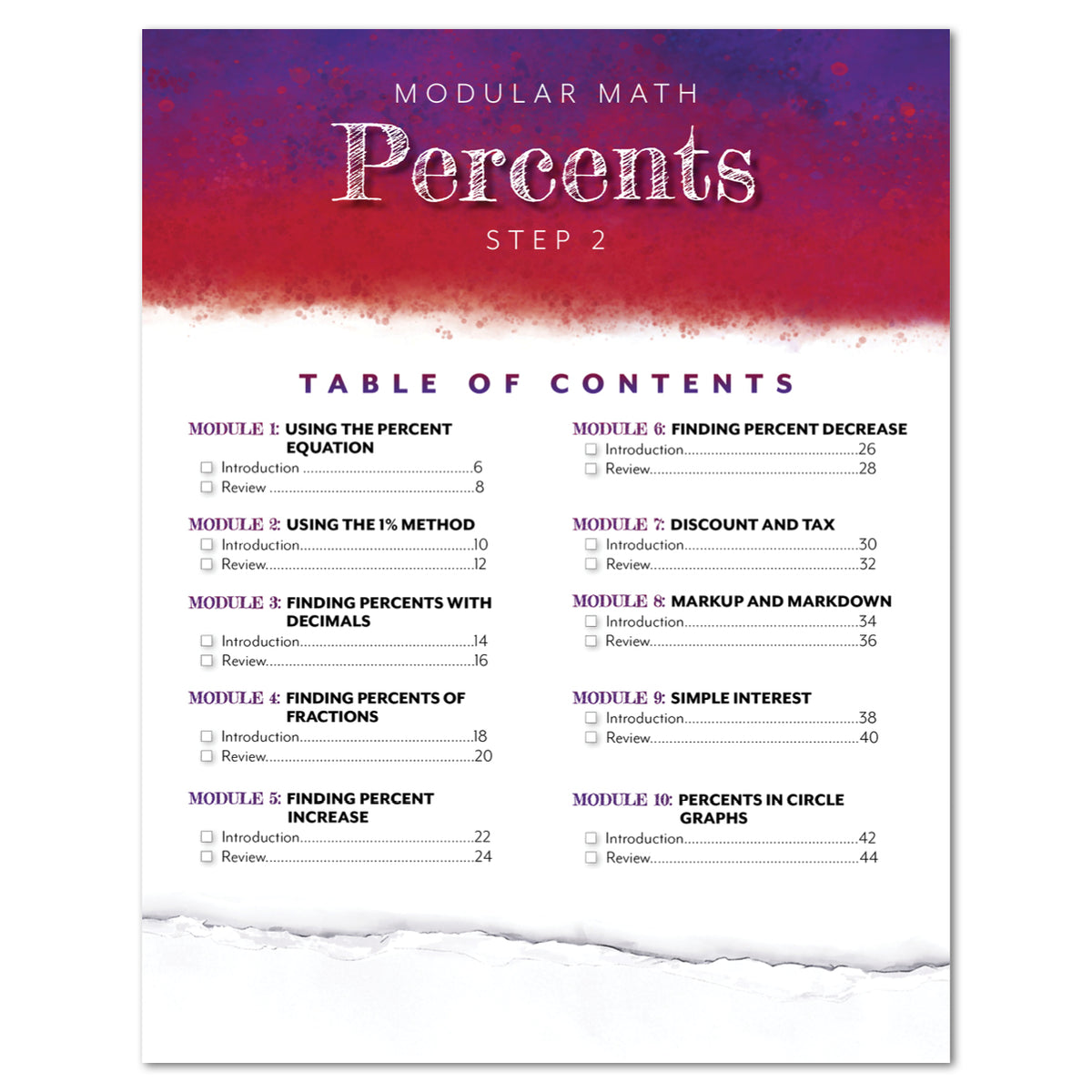 Table of contents page for a modular math curriculum titled 'Percents Step 2,' with a purple-to-white gradient header and black text listing modules on a white background with a torn-paper effect at the bottom.