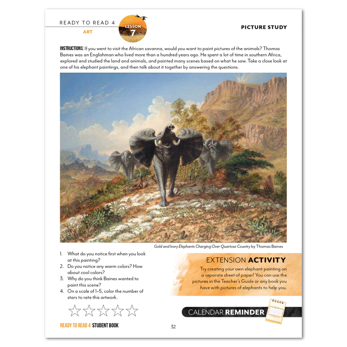 A page from a student book showing a picture study with text instructions, a reproduction of the painting, comprehension questions, and an extension activity box.