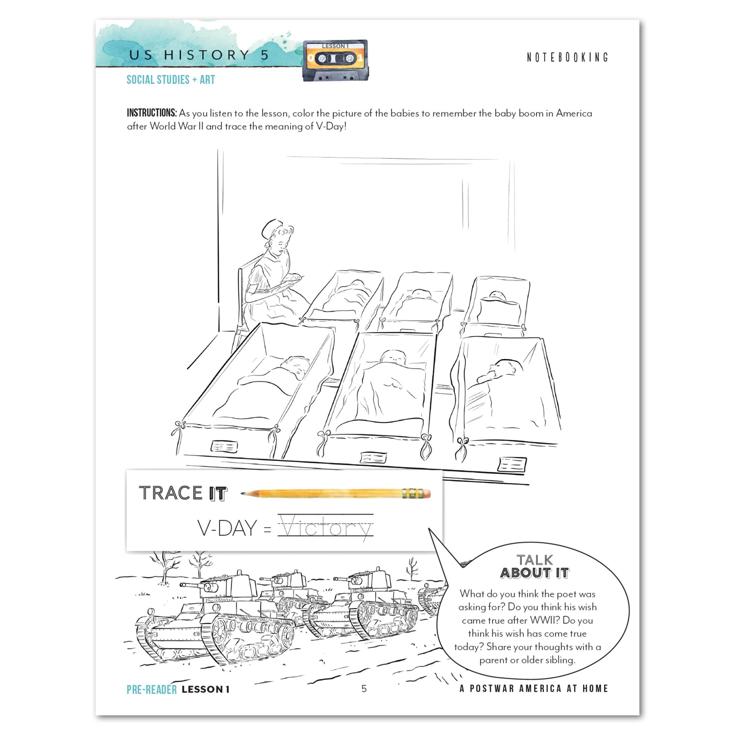 US History 5: A New Era: 1946-1975 Homeschool Unit Study Printed Pre-Reader Student Book Lesson 1 Notebooking