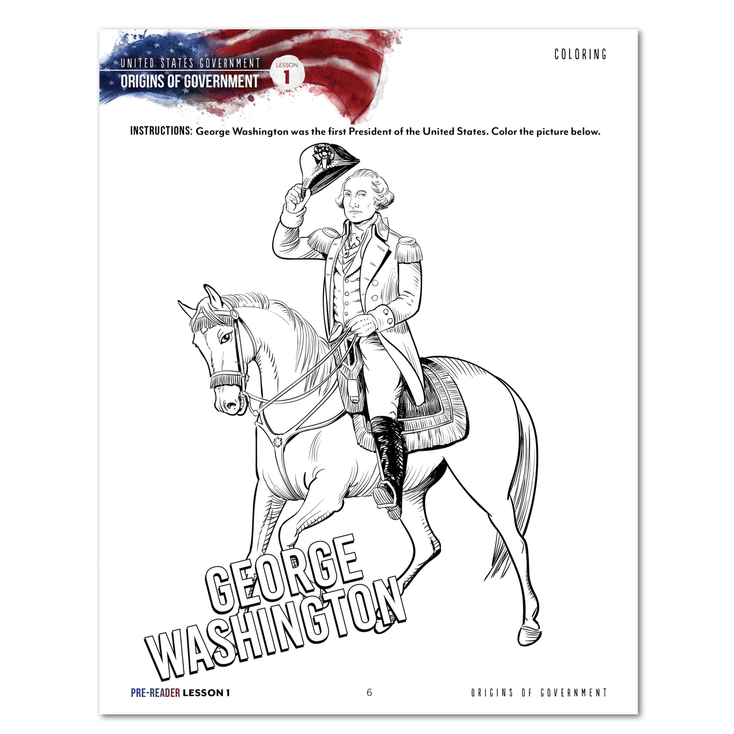 US Government Homeschool Study Unit Digital Printed Pre-Reader Student Book Lesson 1 Coloring