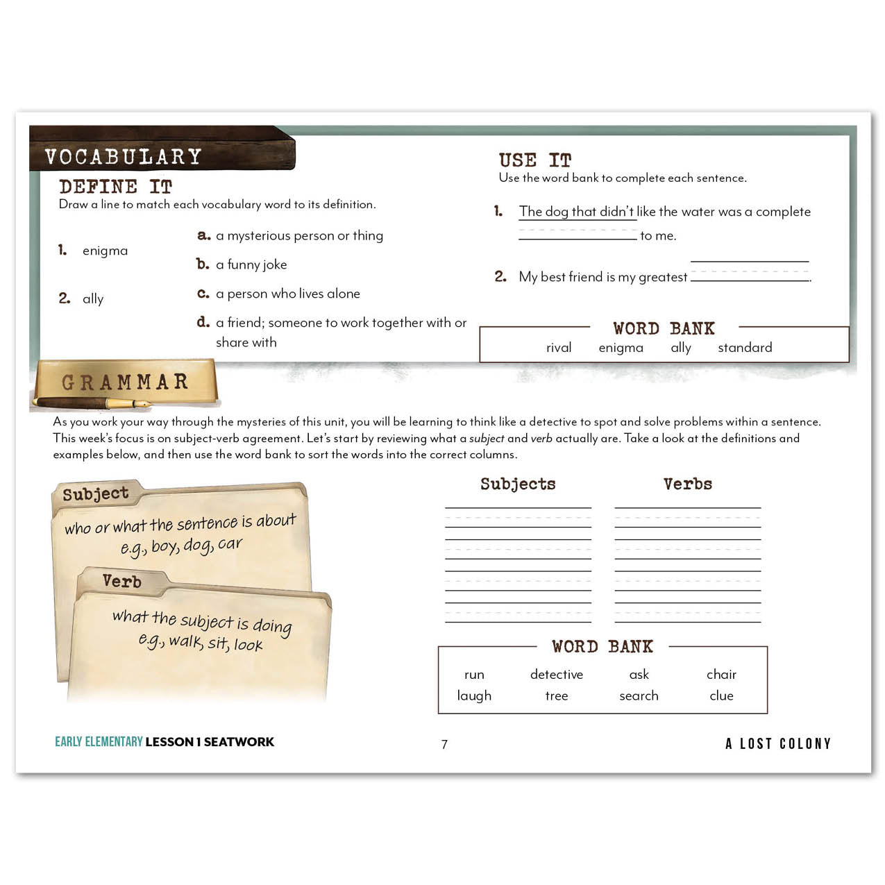 Unsolved Mysteries Homeschool Study Unit Digital Seatwork Journal Manuscript Early Elementary Lesson 1 Vocabulary and Grammar