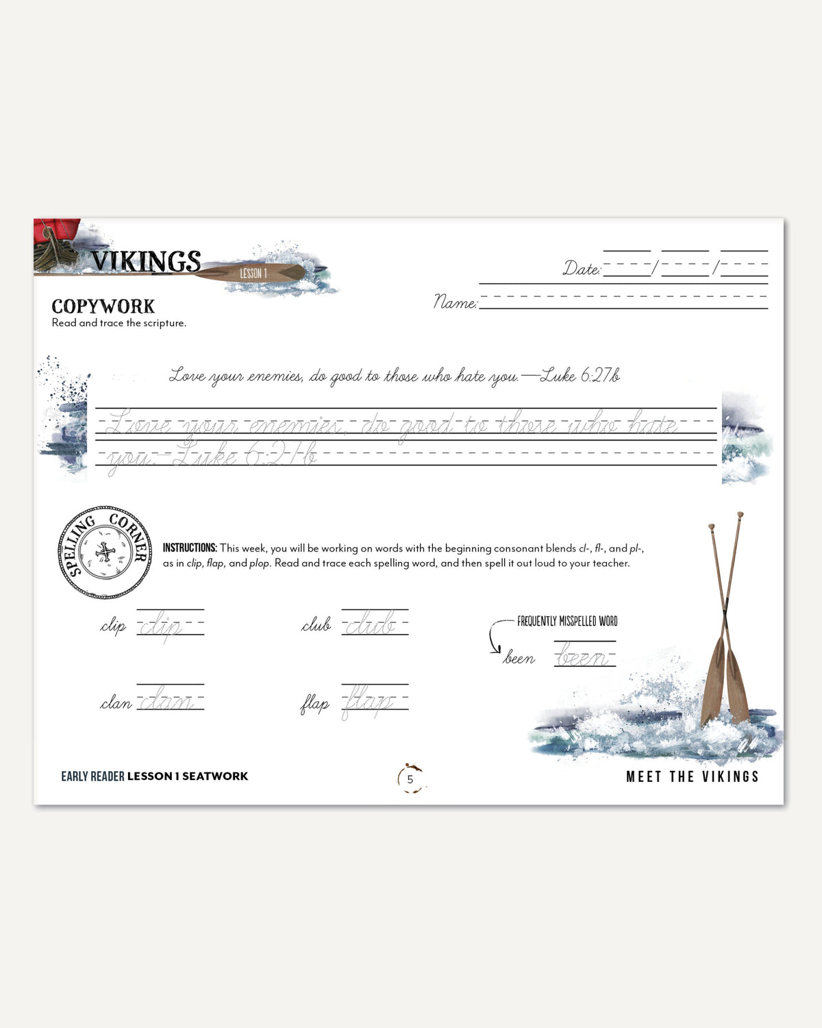 Vikings Homeschool Unit Study Digital Seatwork Journal Cursive Early Reader Lesson 1 Copywork and Spelling