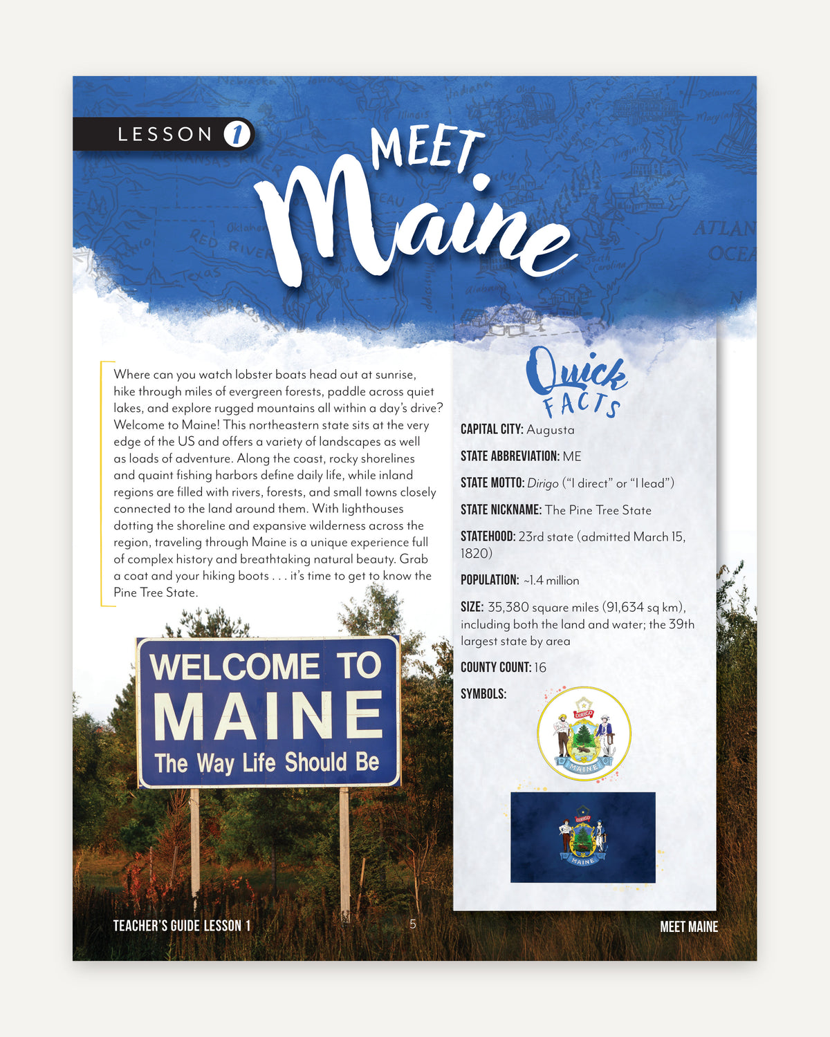 Fifty States: Maine homeschool unit study, digital Teacher's Guide Sample Page