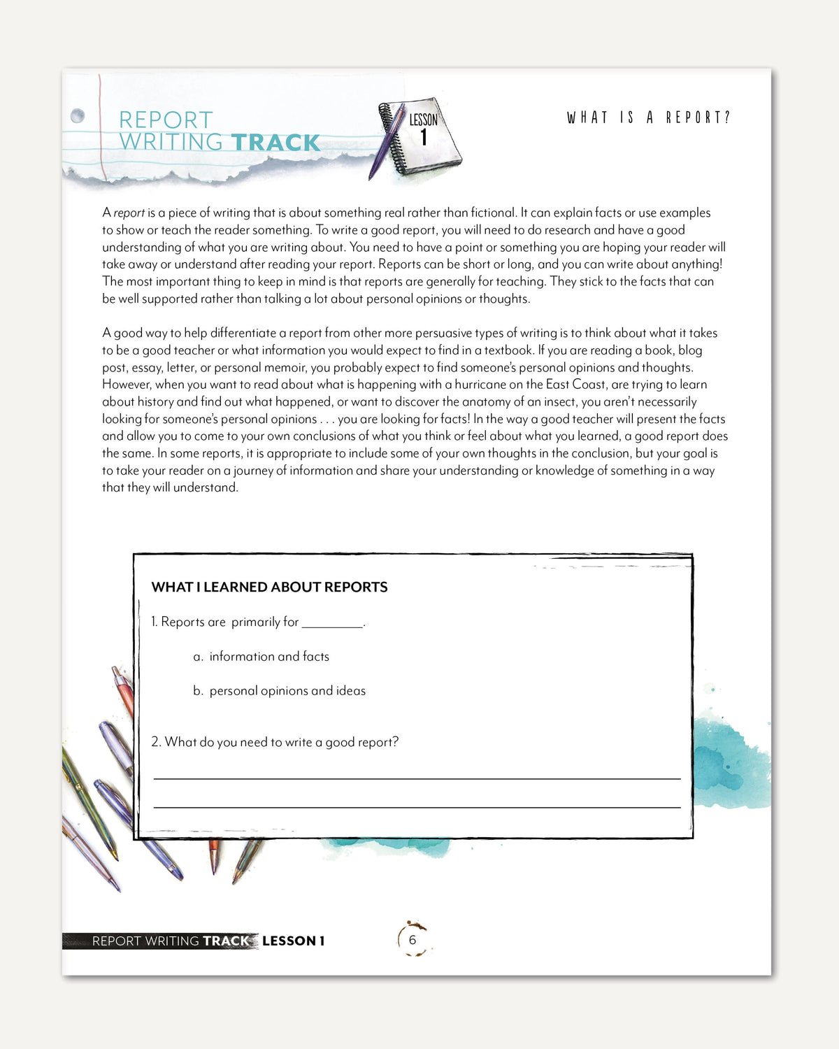 Report Writing Track Homeschool Unit Study Printed Student Book Lesson 1 What is a Report?