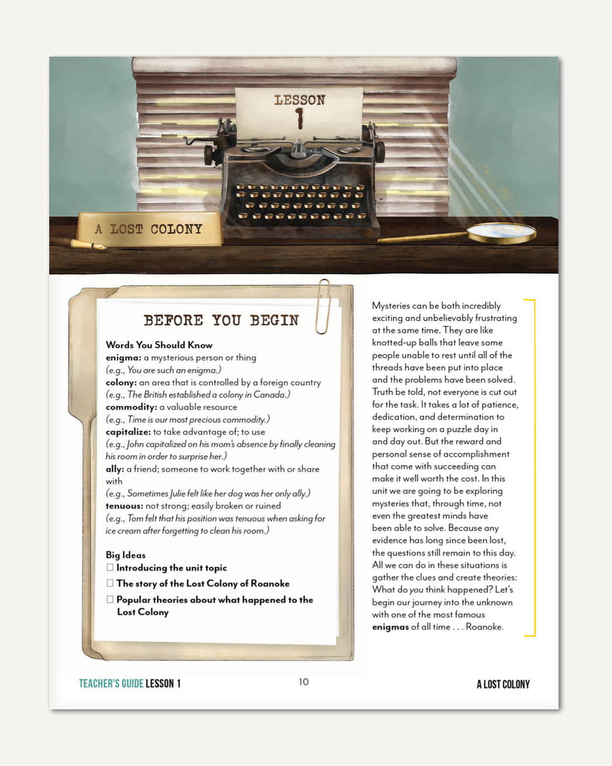 Unsolved Mysteries Homeschool Unit Study Digital Teacher's Guide Lesson 1 A Lost Colony Part 1