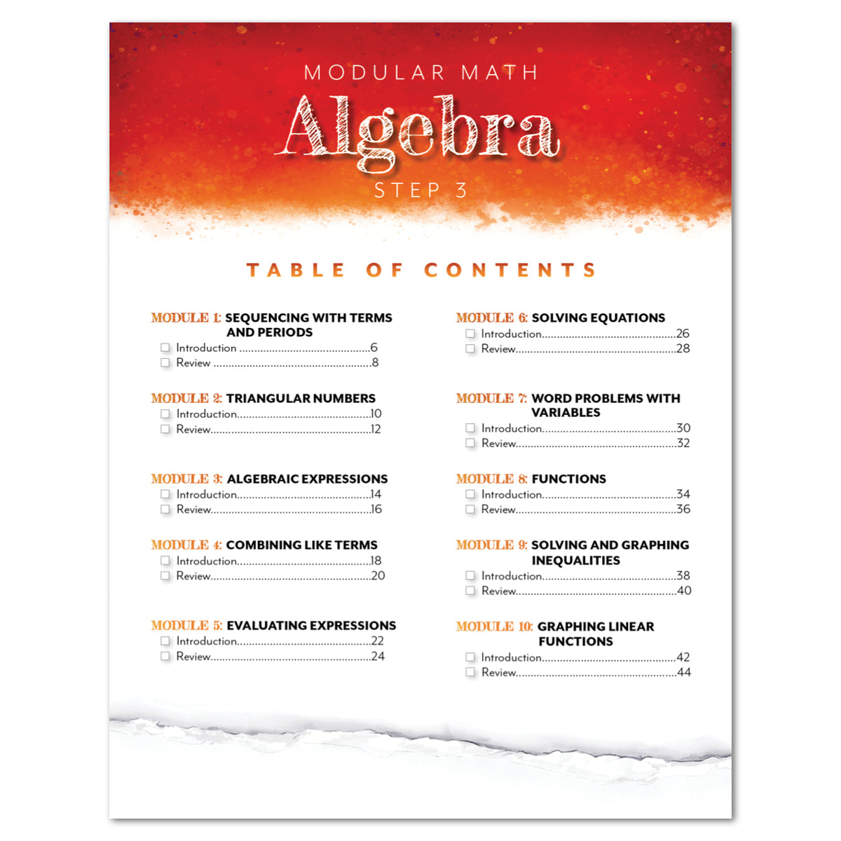 A table of contents page for a Modular Math Algebra Step 3 educational booklet, featuring a red and orange textured header, black text on a white page, and a torn-paper effect at the bottom.