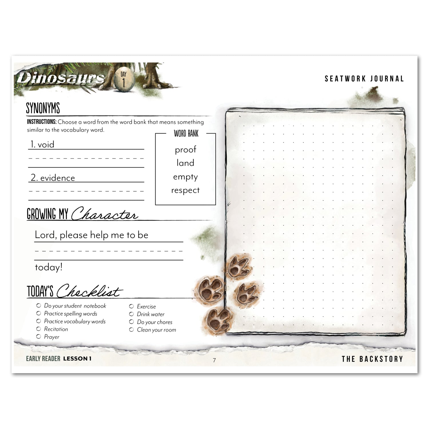 Dinosaurs Homeschool Unit Study Digital Seatwork Journal Manuscript Early Reader Lesson 1 Synonyms