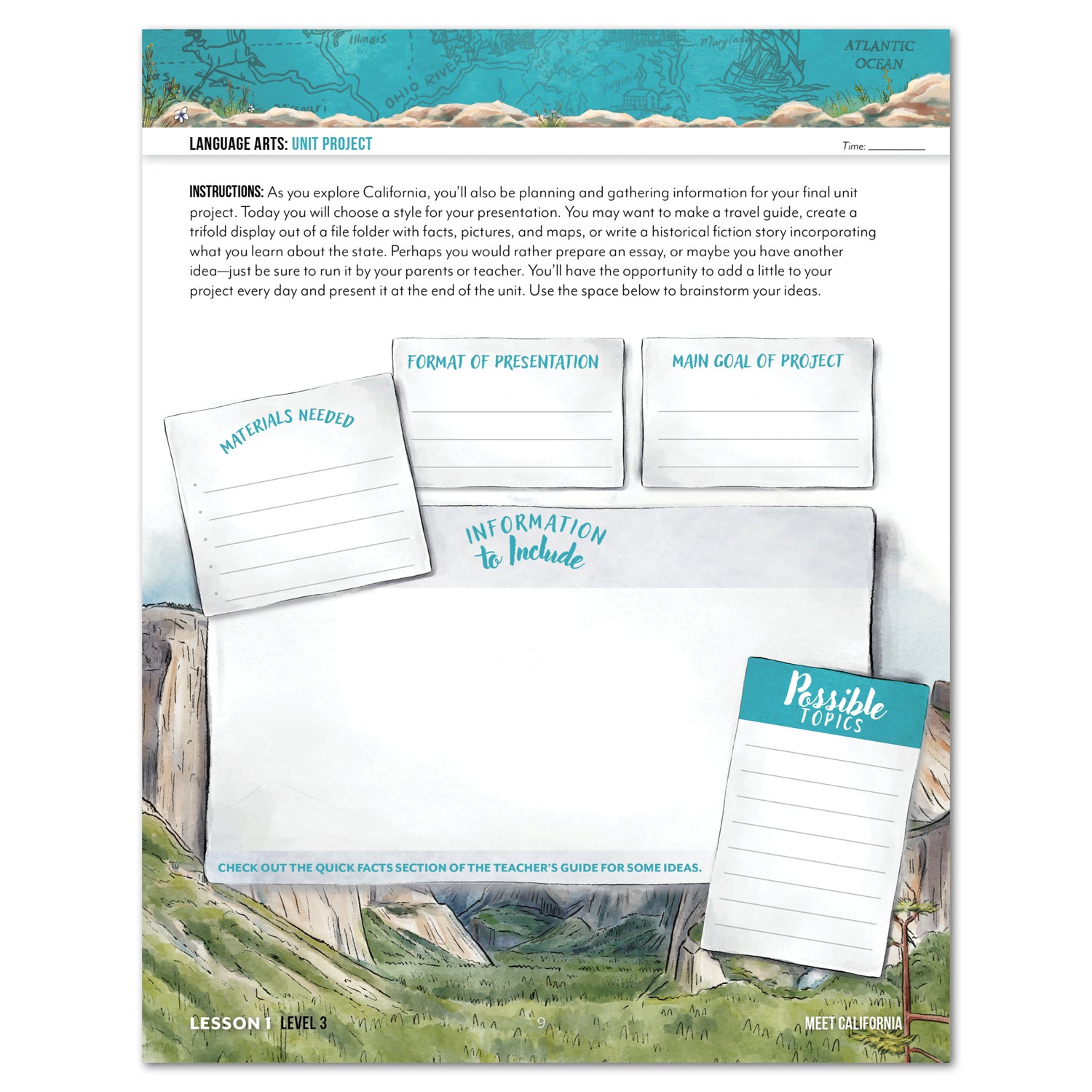 California Fifty States Homeschool Unit Study Printed Student Book Level 3 Lesson 1 Page