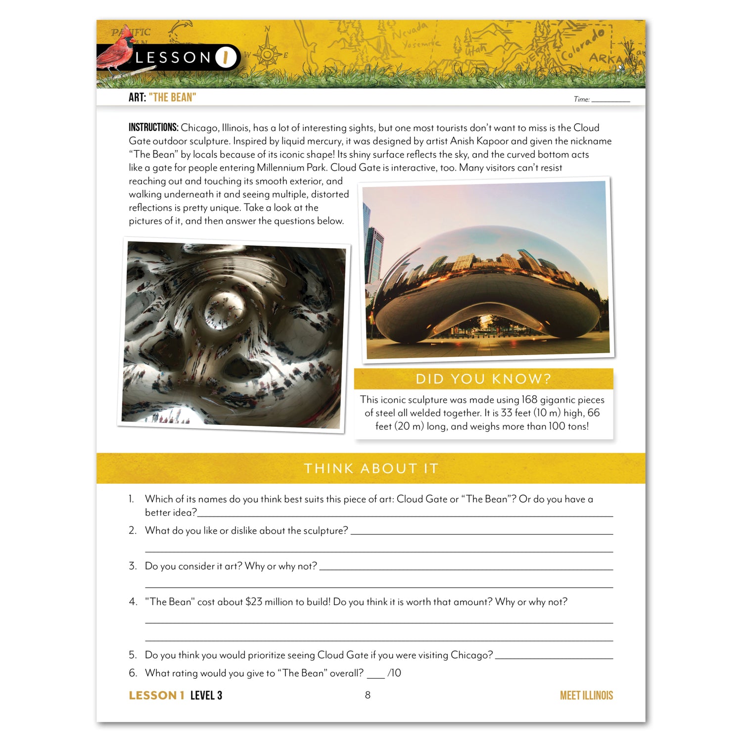 Illinois Fifty States Homeschool Unit Study Printed Student Book Level 3 Lesson 1 Page