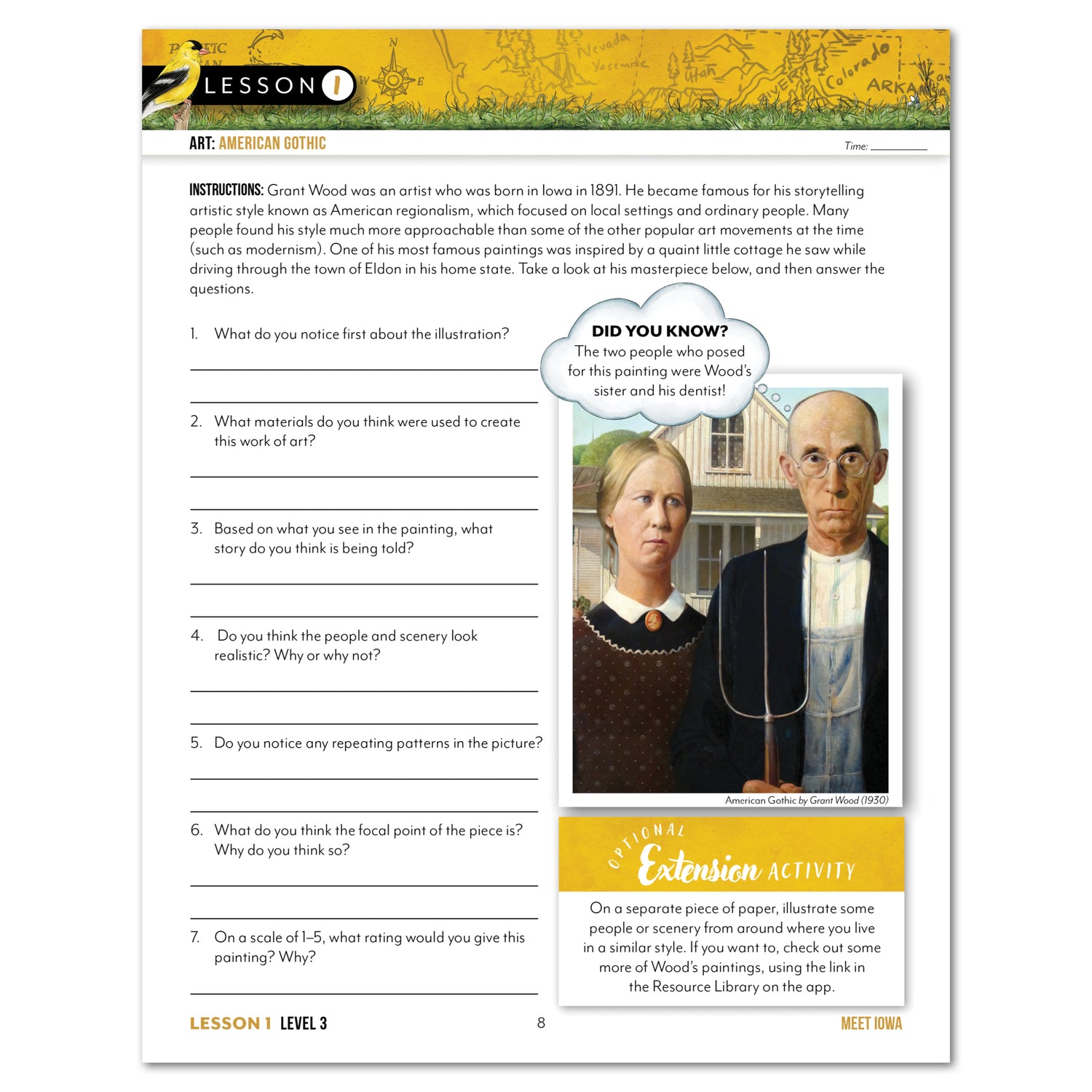 Iowa Fifty States Homeschool Unit Study Digital Student Book Level 3 Lesson 1 Page