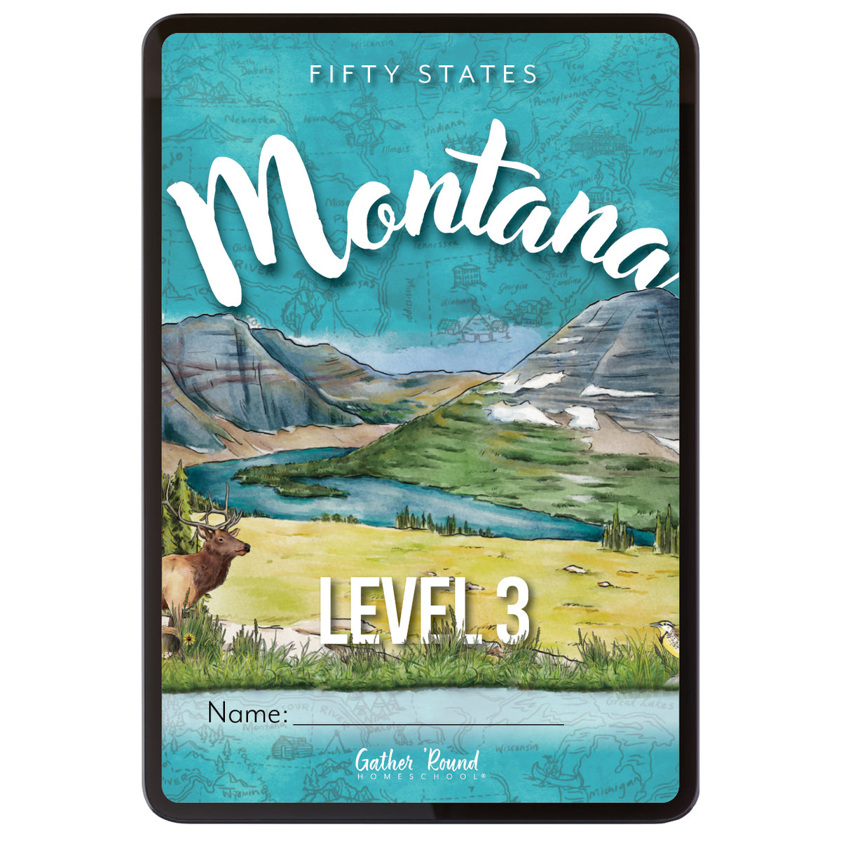 Digital cover of Montana Level 3 featuring illustrated scene of mountains, water, and an elk.
