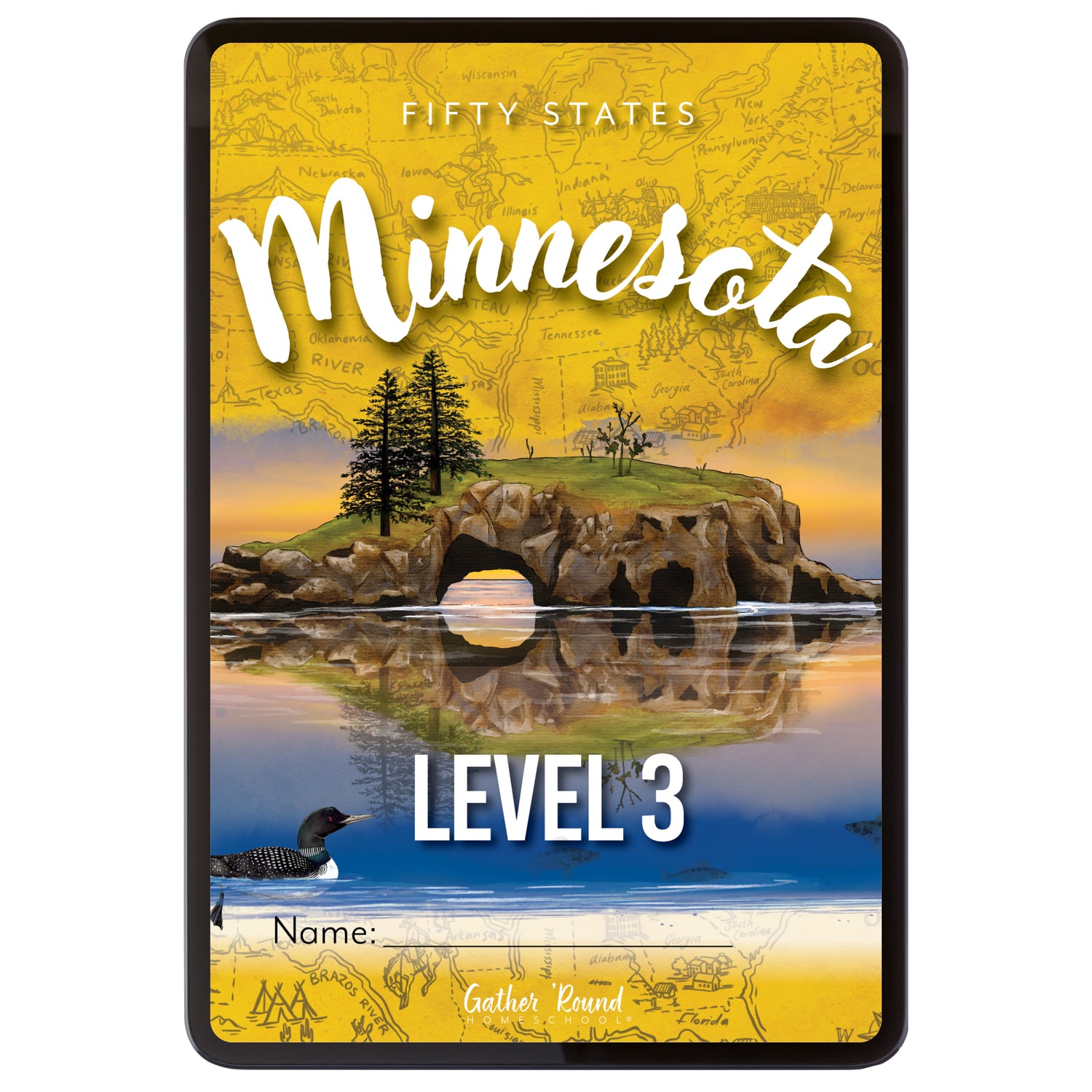Digital book cover of 'Fifty States Minnesota Level 3' with a scenic illustration of a lake and trees.