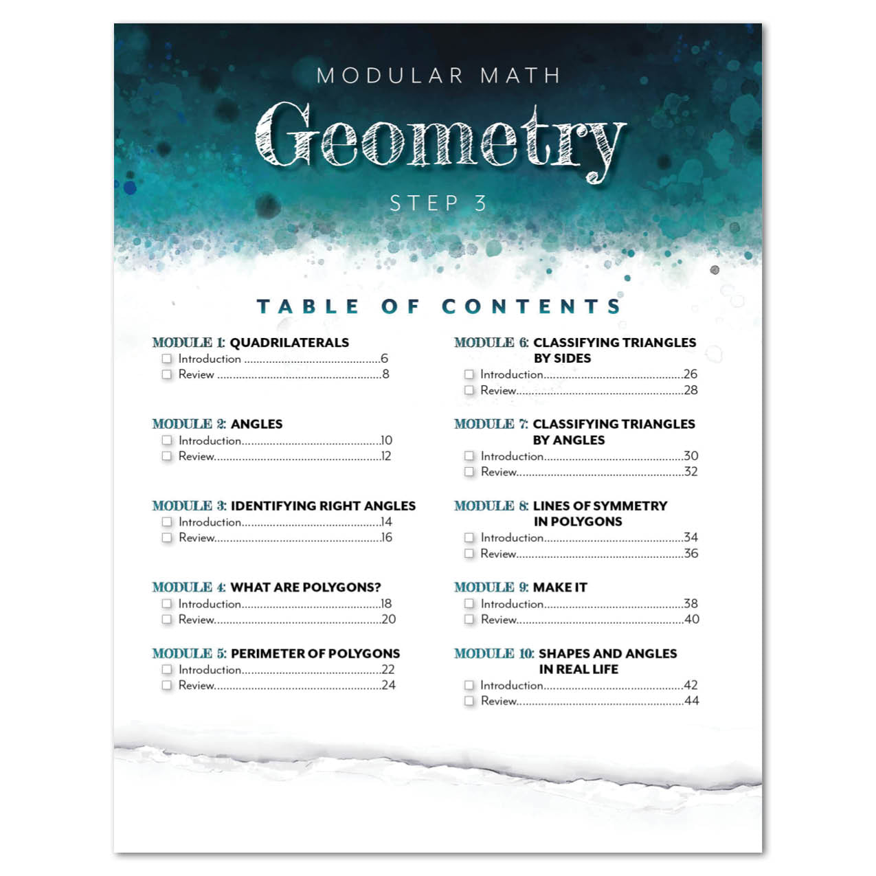 Table of contents for a modular math geometry textbook on a blue and white background