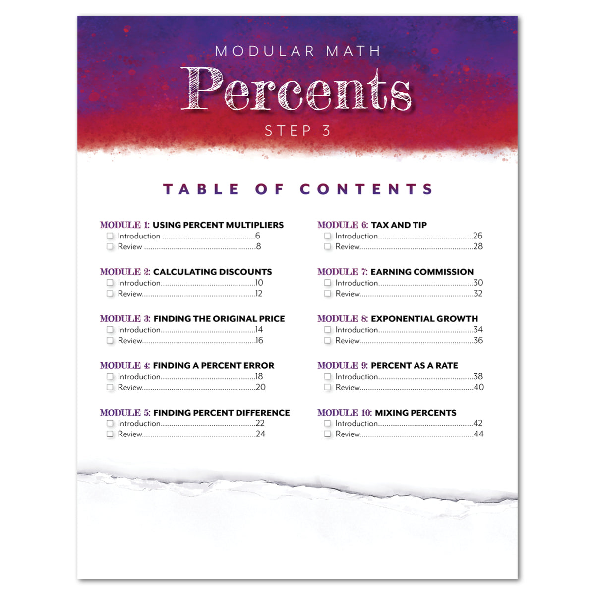 Table of contents page for a modular math curriculum titled 'Percents Step 3,' with a purple-to-white gradient header and black text listing modules on a white background with a torn-paper effect at the bottom.