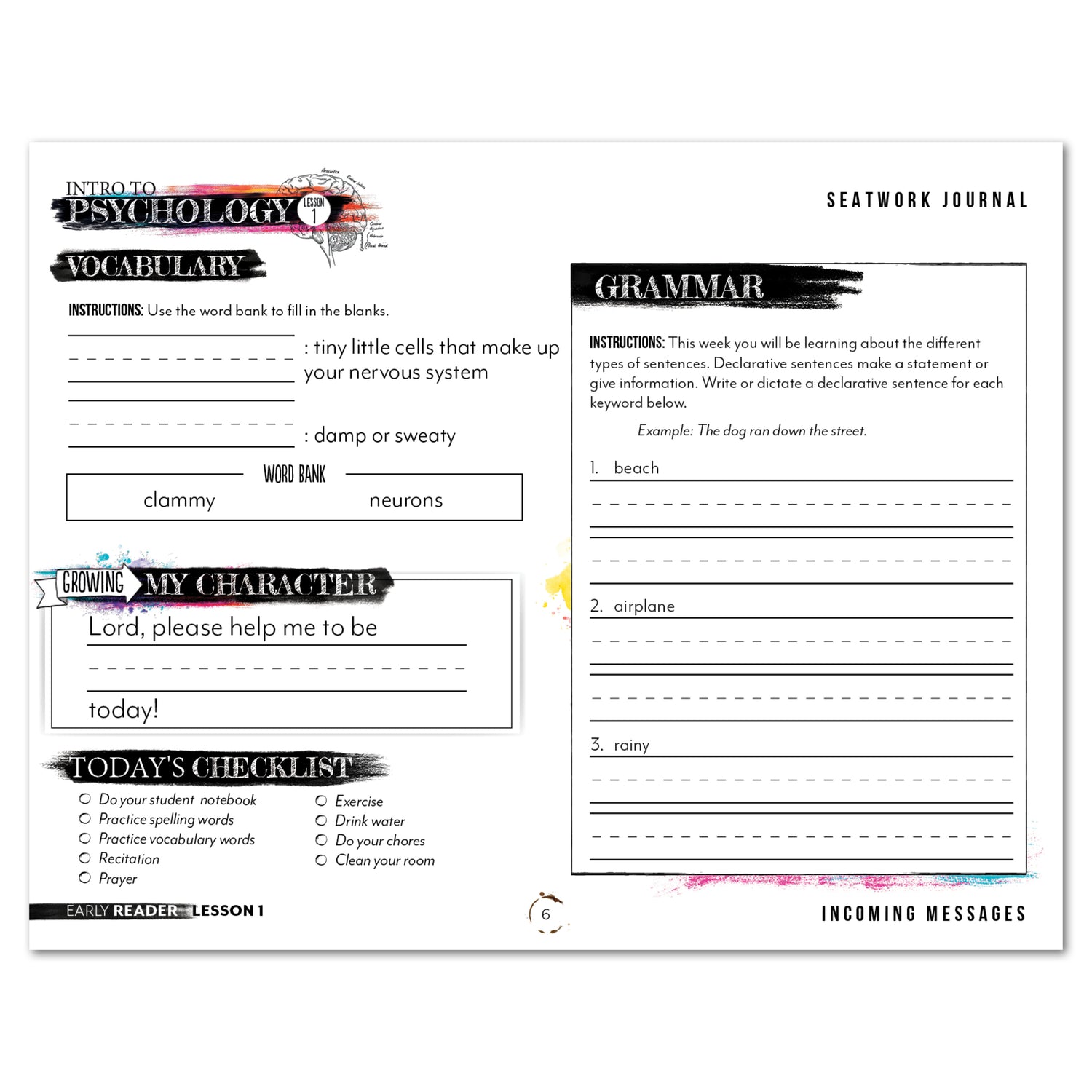 Psychology homeschool unit study digital student seatwork journal manuscript early reader worksheet