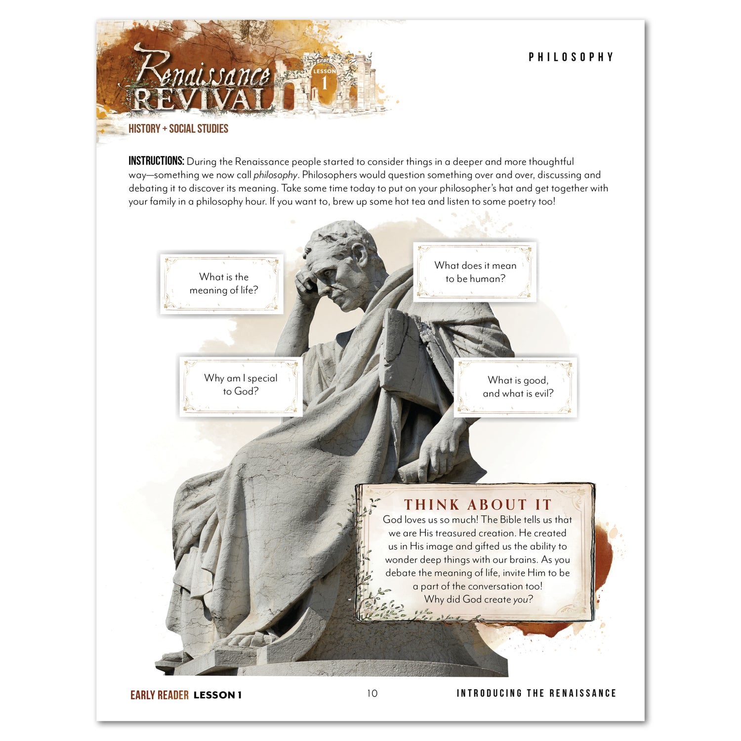 Renaissance and Revival Homeschool Unit Study Printed Digital Early Reader Student Book Lesson 1 Philosophy