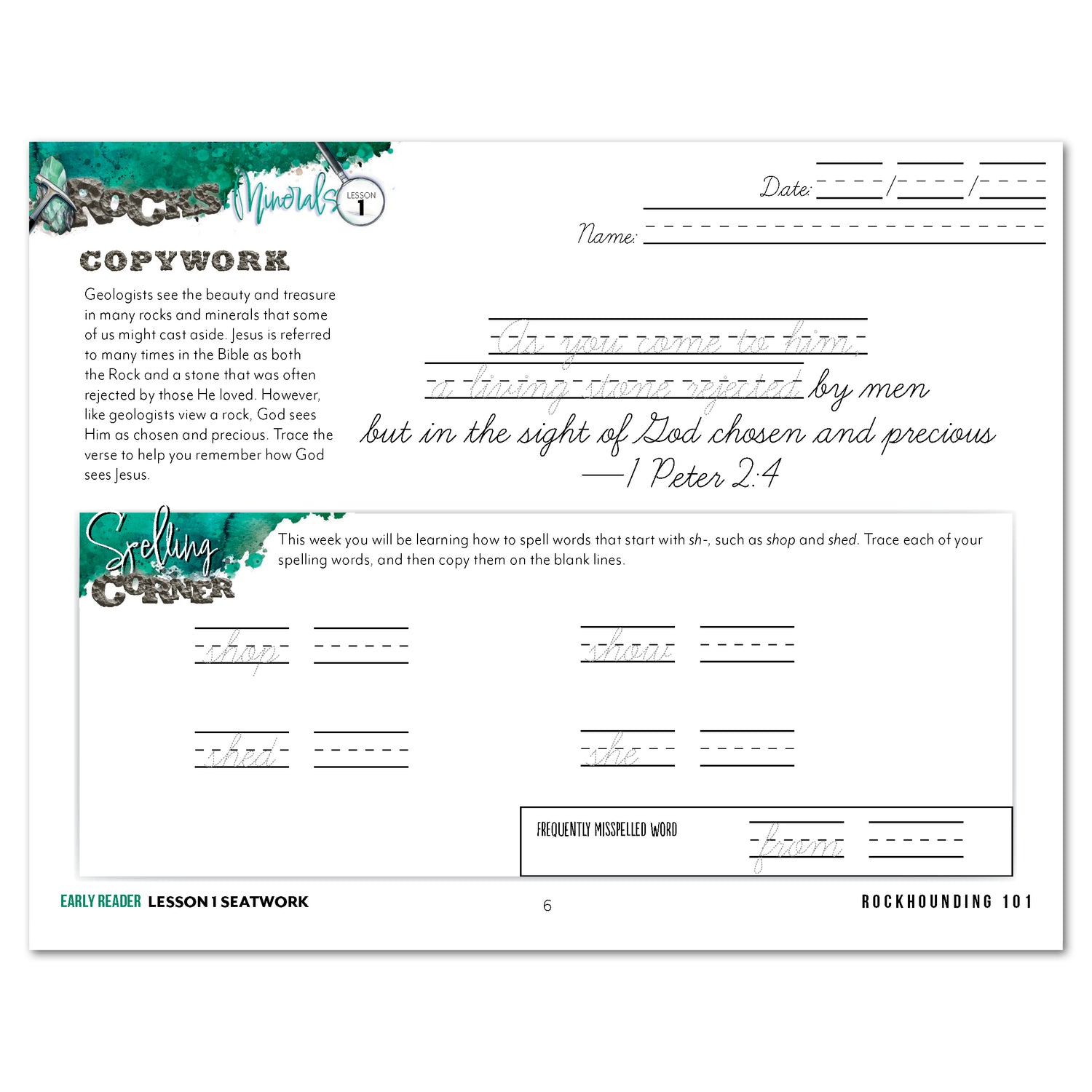 Rocks + Minerals homeschool unit study printed student seatwork journal in cursive for Early Reader worksheet