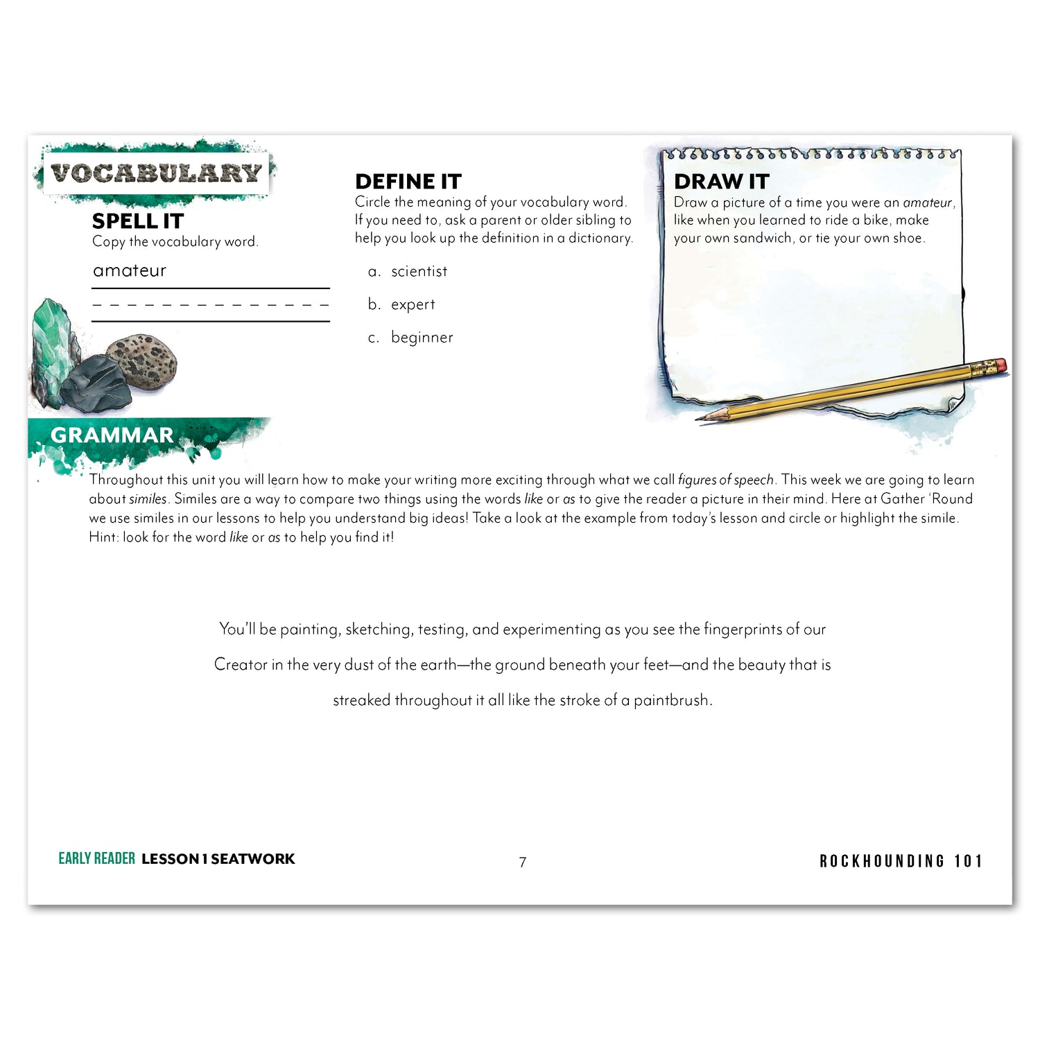 Rocks + Minerals homeschool unit study printed student seatwork journal in manuscript for Early Reader worksheet