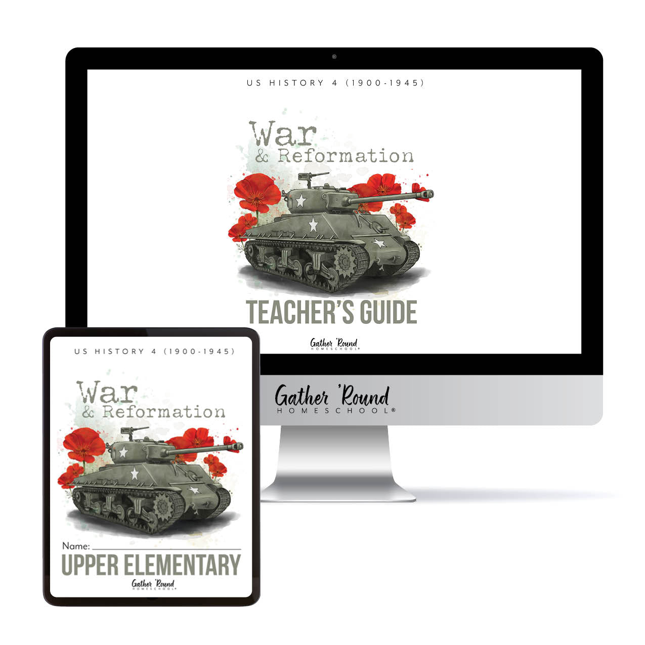 Digital preview of a 'War & Reformation Teacher's Guide' displayed on a desktop computer monitor and a tablet, featuring an illustration of a tank with red poppies on a white background.